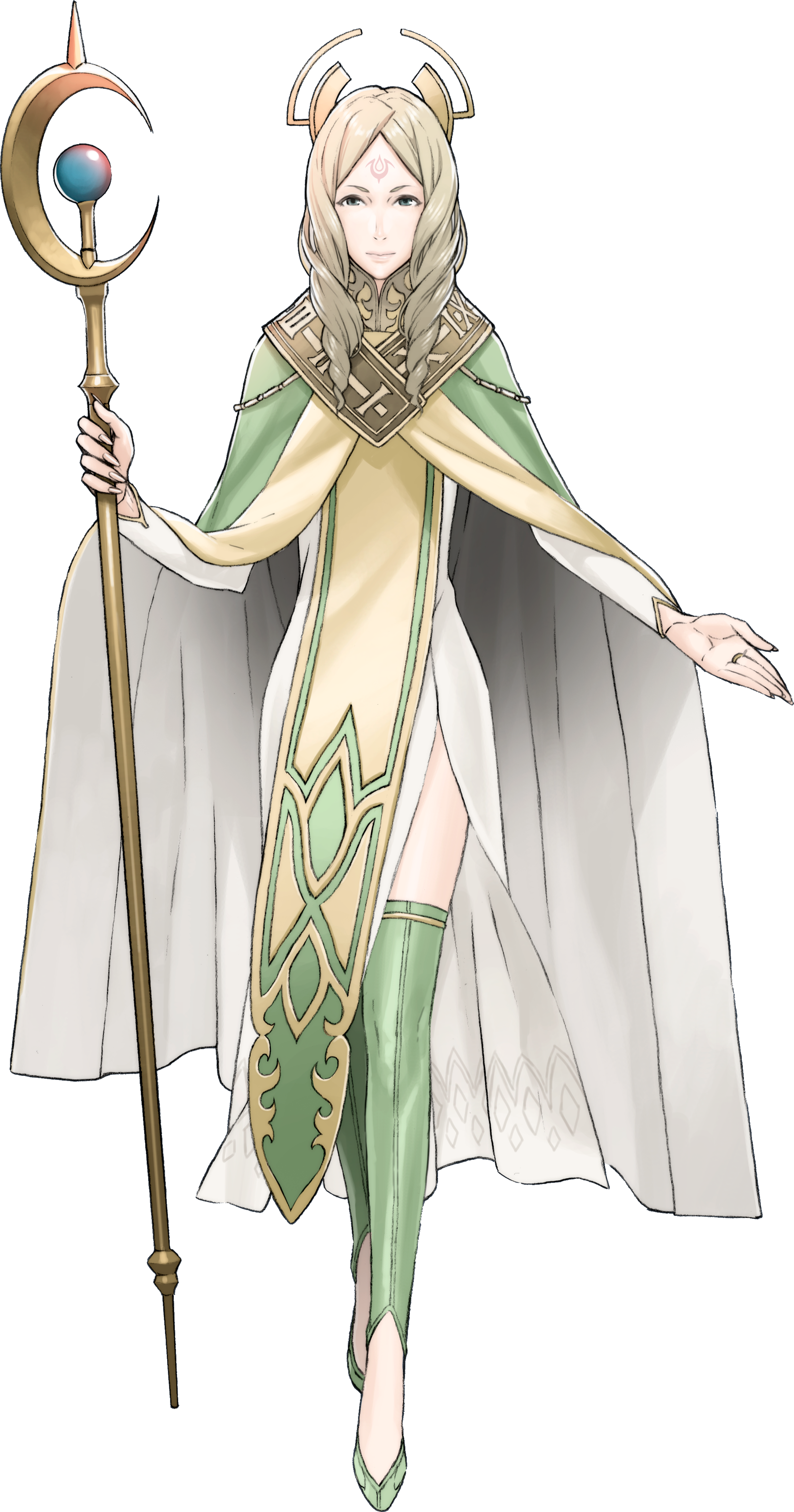 A female character with long blonde hair wearing an ornate green and white dress and holding a crescent moon-shaped staff.