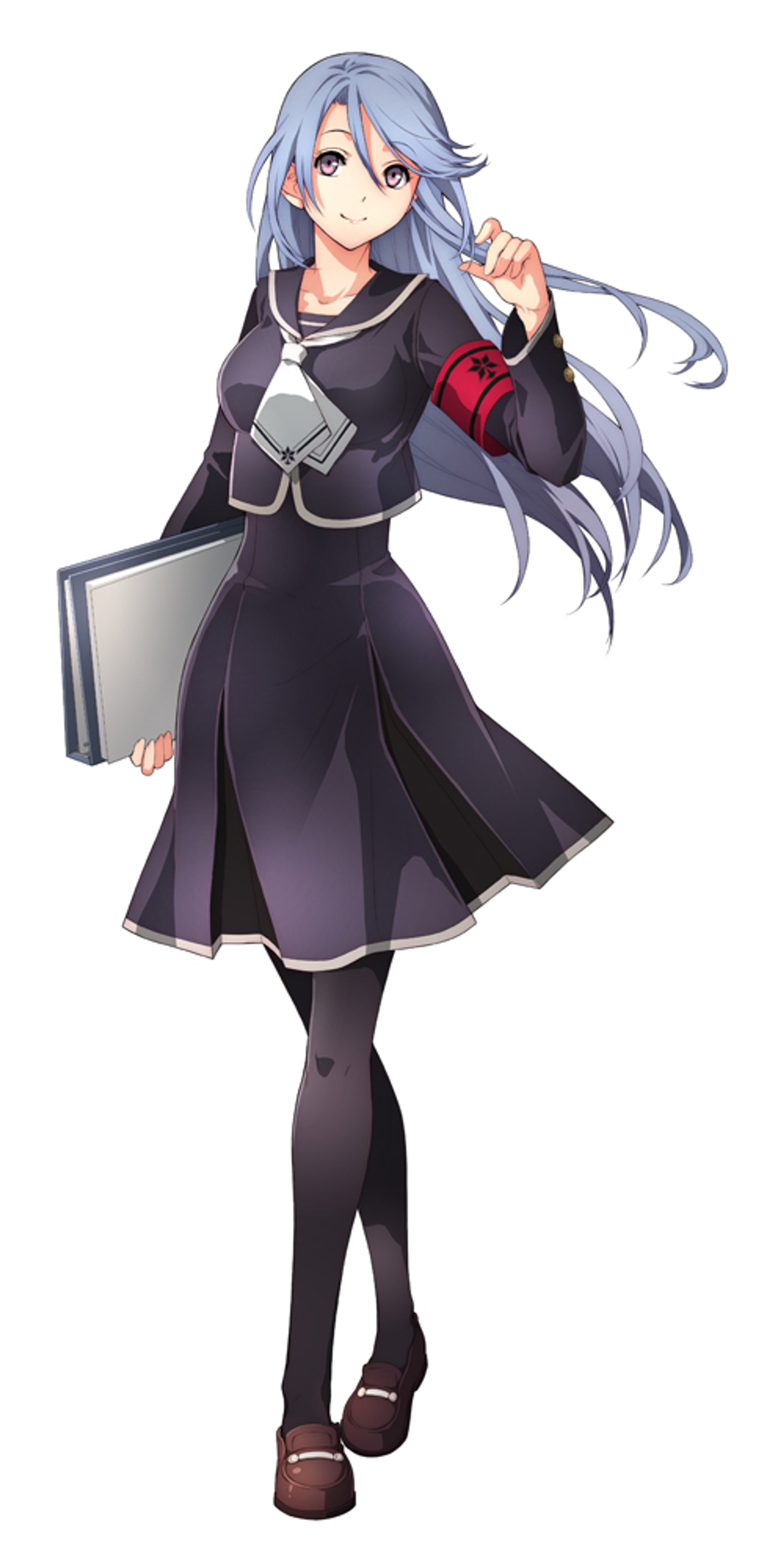 A young woman with light blue hair and red eyes wearing a black dress with a slit up the side, holding a book or tablet.