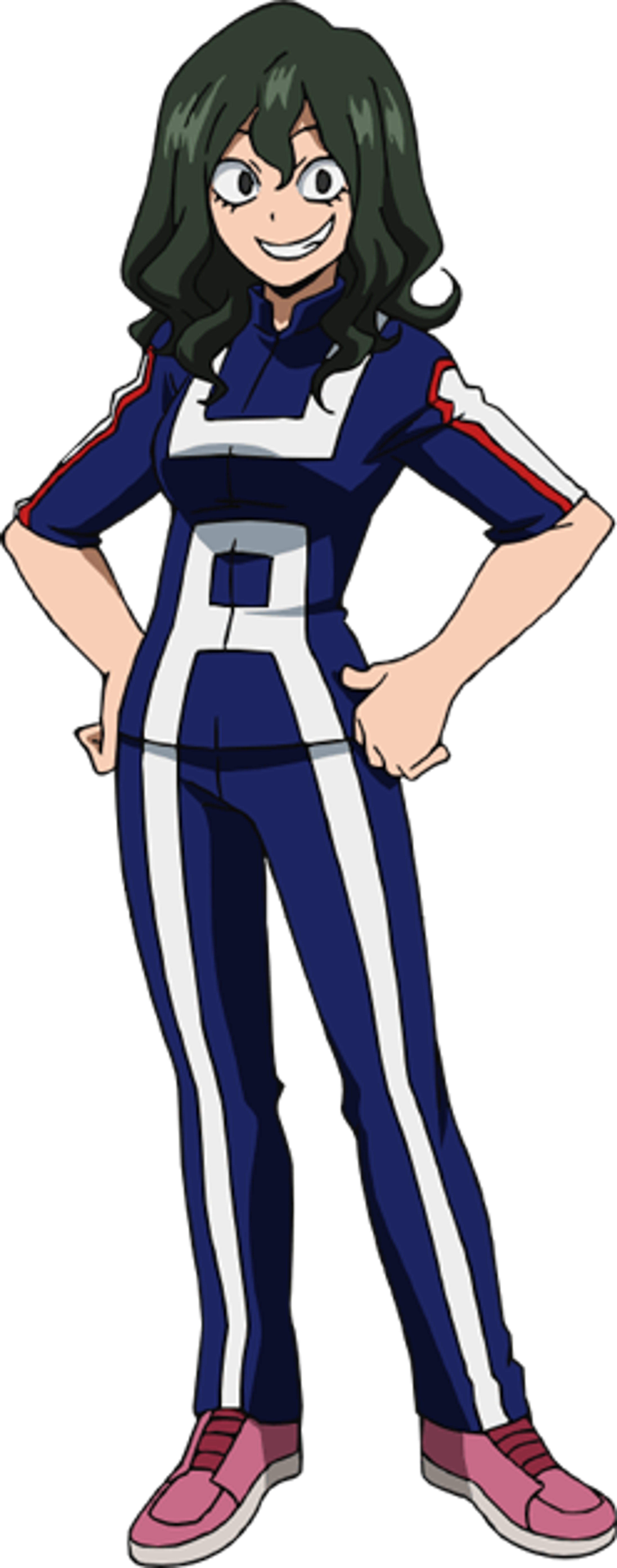 A young, green-haired female character in a blue and white hero costume with a confident, determined expression.