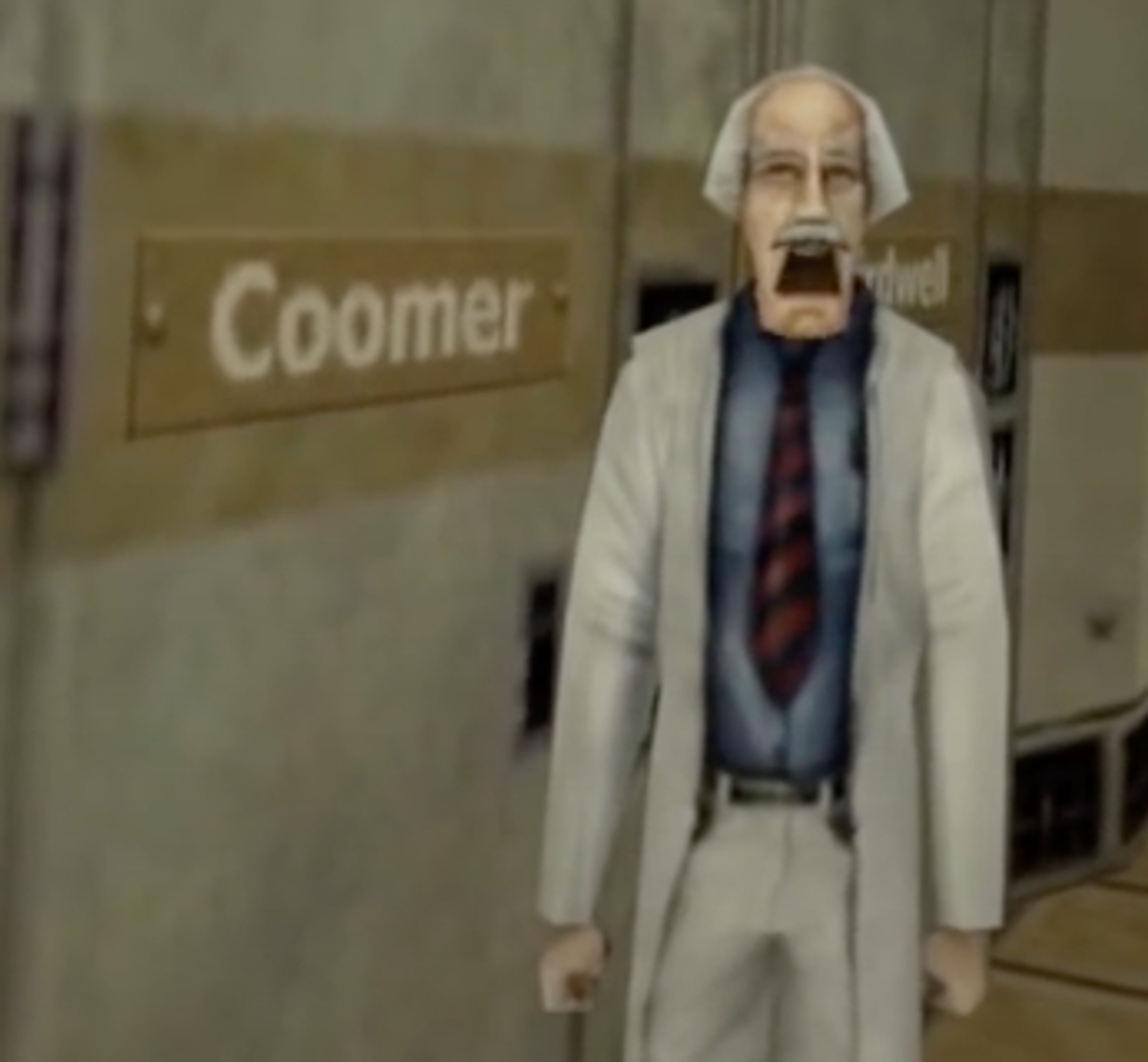 An older man in a lab coat standing in a hallway
