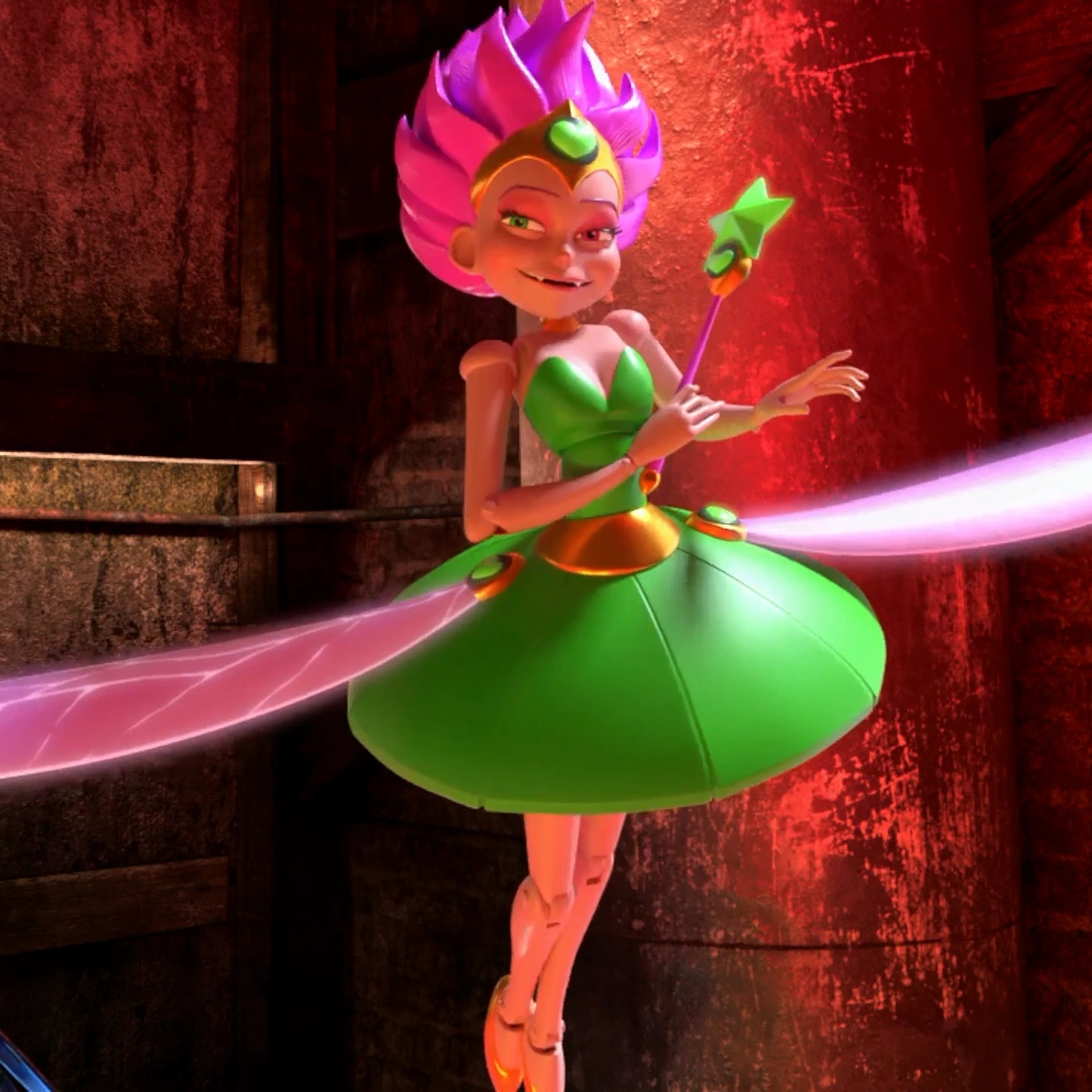 An animated fairy-like character with green and pink colors, holding a magic wand and casting a spell in a dramatic, fiery setting.