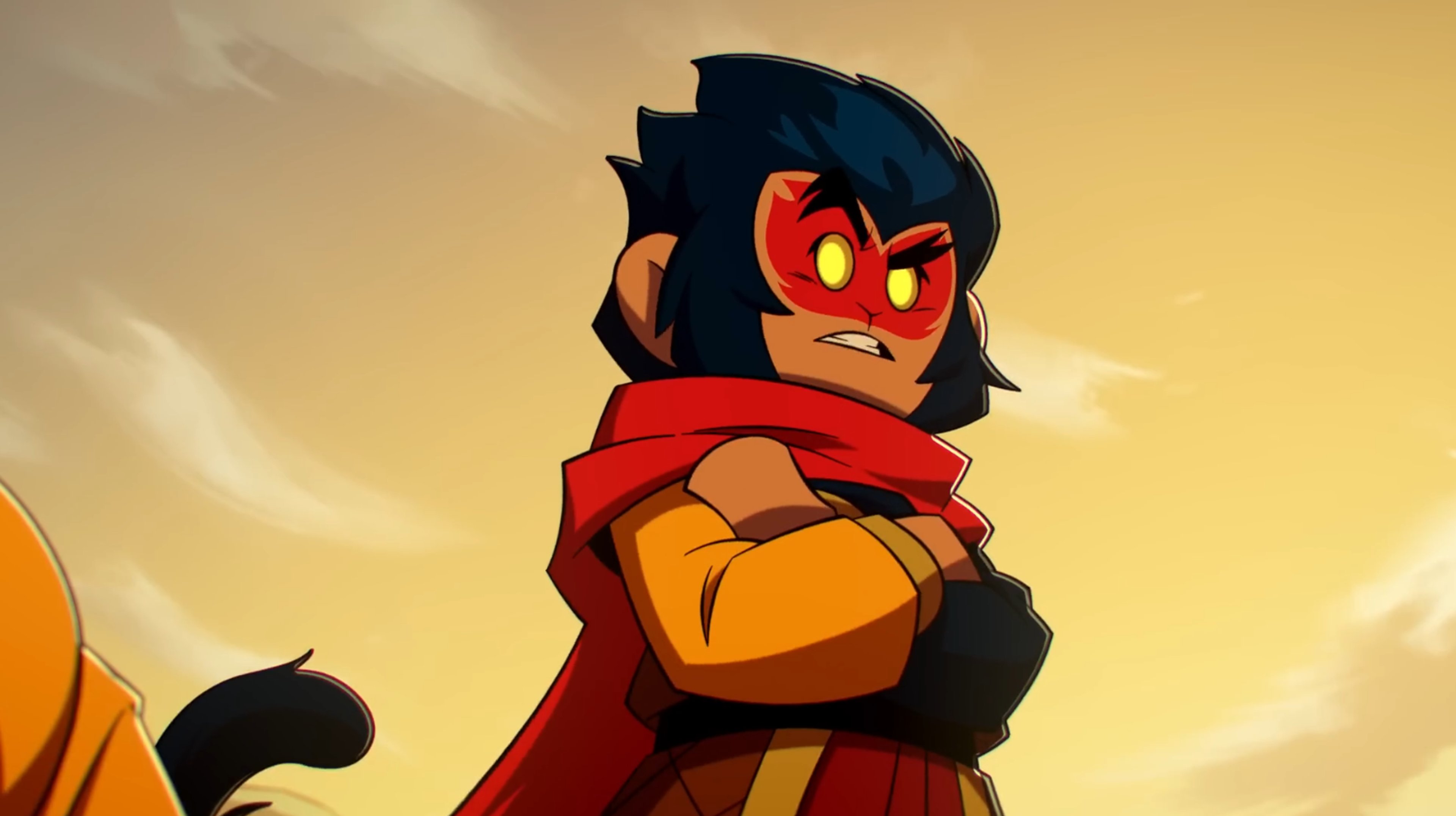 An animated character with a demonic appearance in a heroic pose