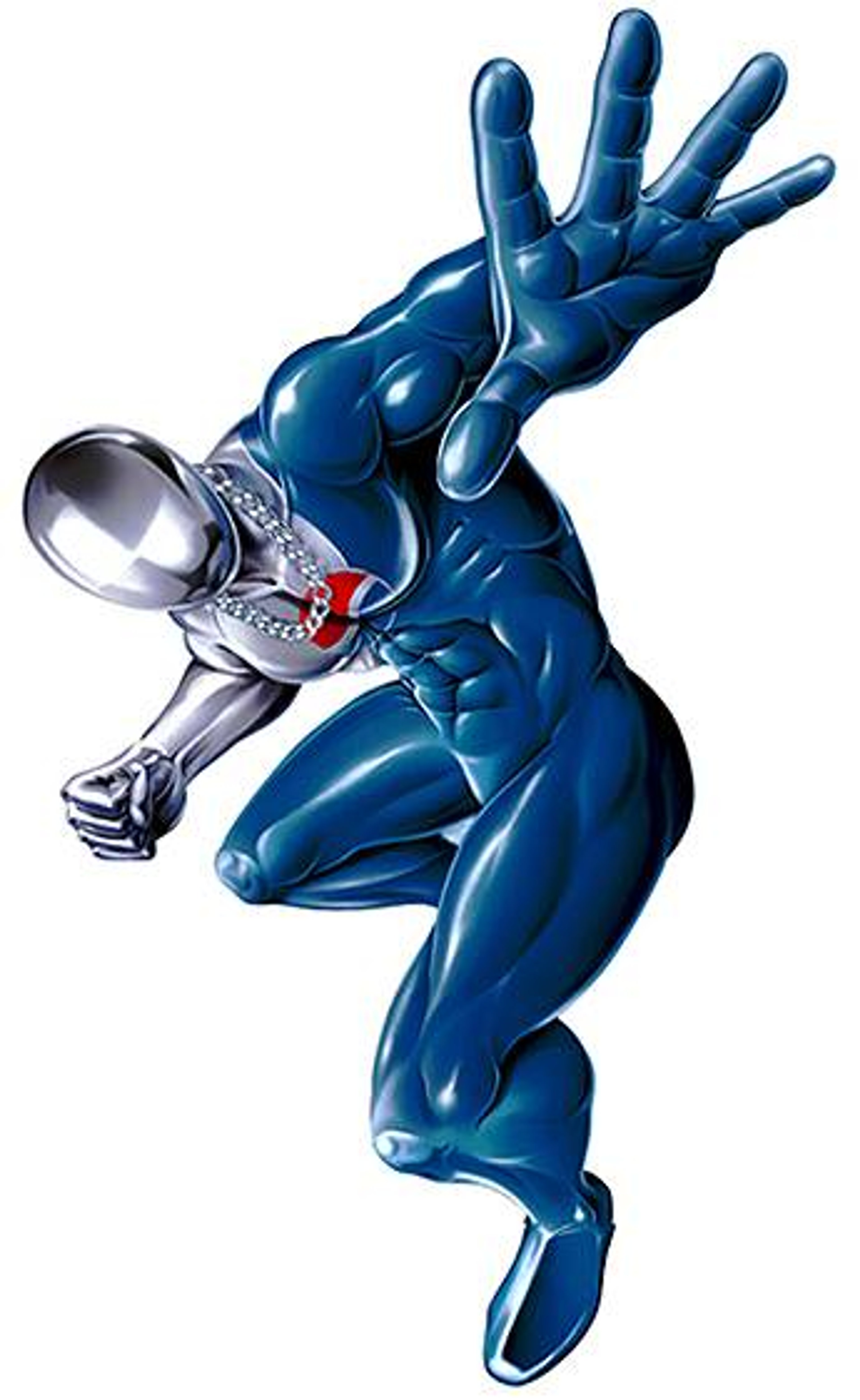 A blue superhero character with an exaggerated, muscular physique holding a large metal spoon.