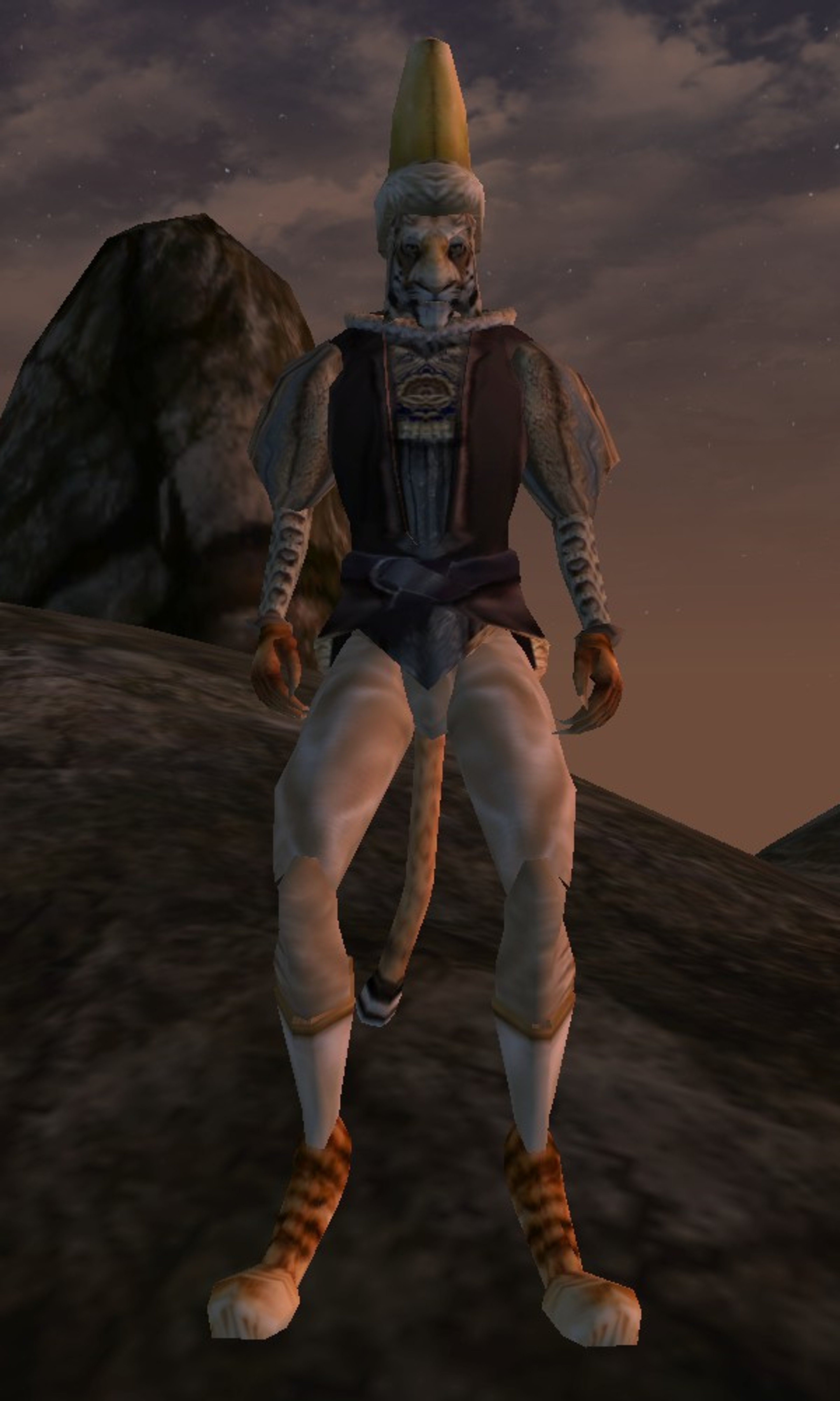 A fantastical humanoid character with blue skin, a pointed hat, and a muscular, partially exposed body standing in a rocky, desert-like environment.