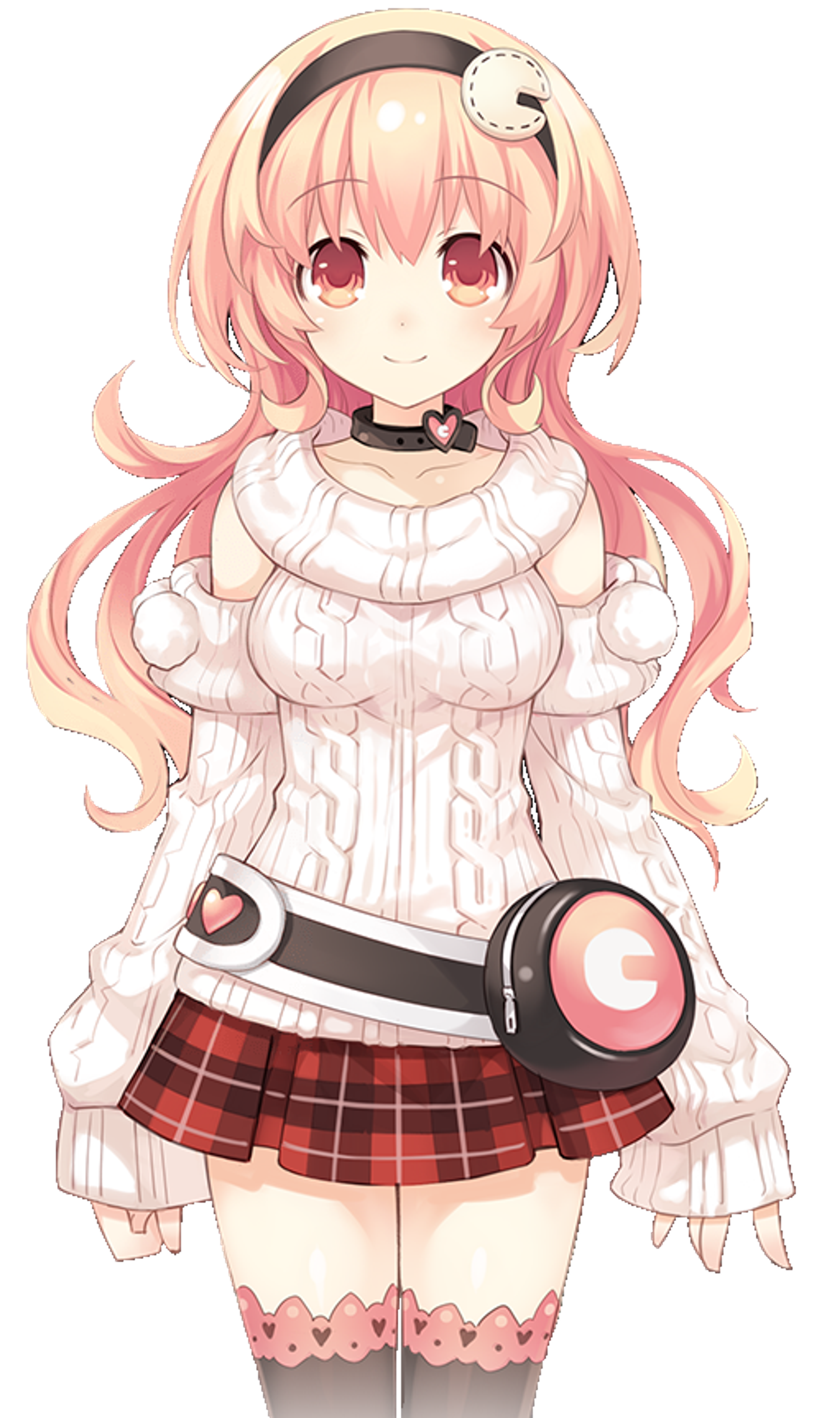 An anime-style character with pink hair and a white dress with a red plaid skirt