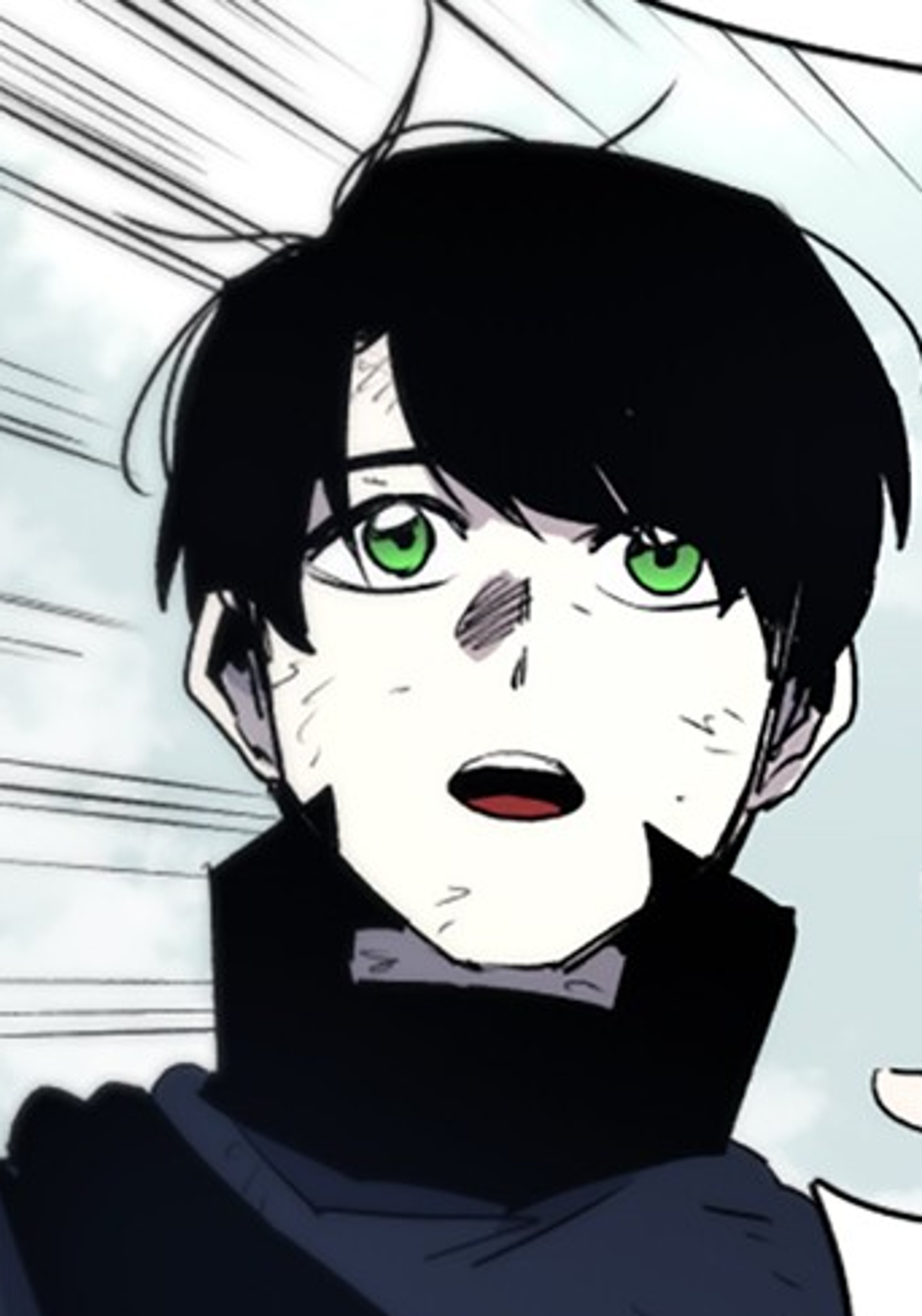 A young man with black hair and green eyes wearing a dark outfit