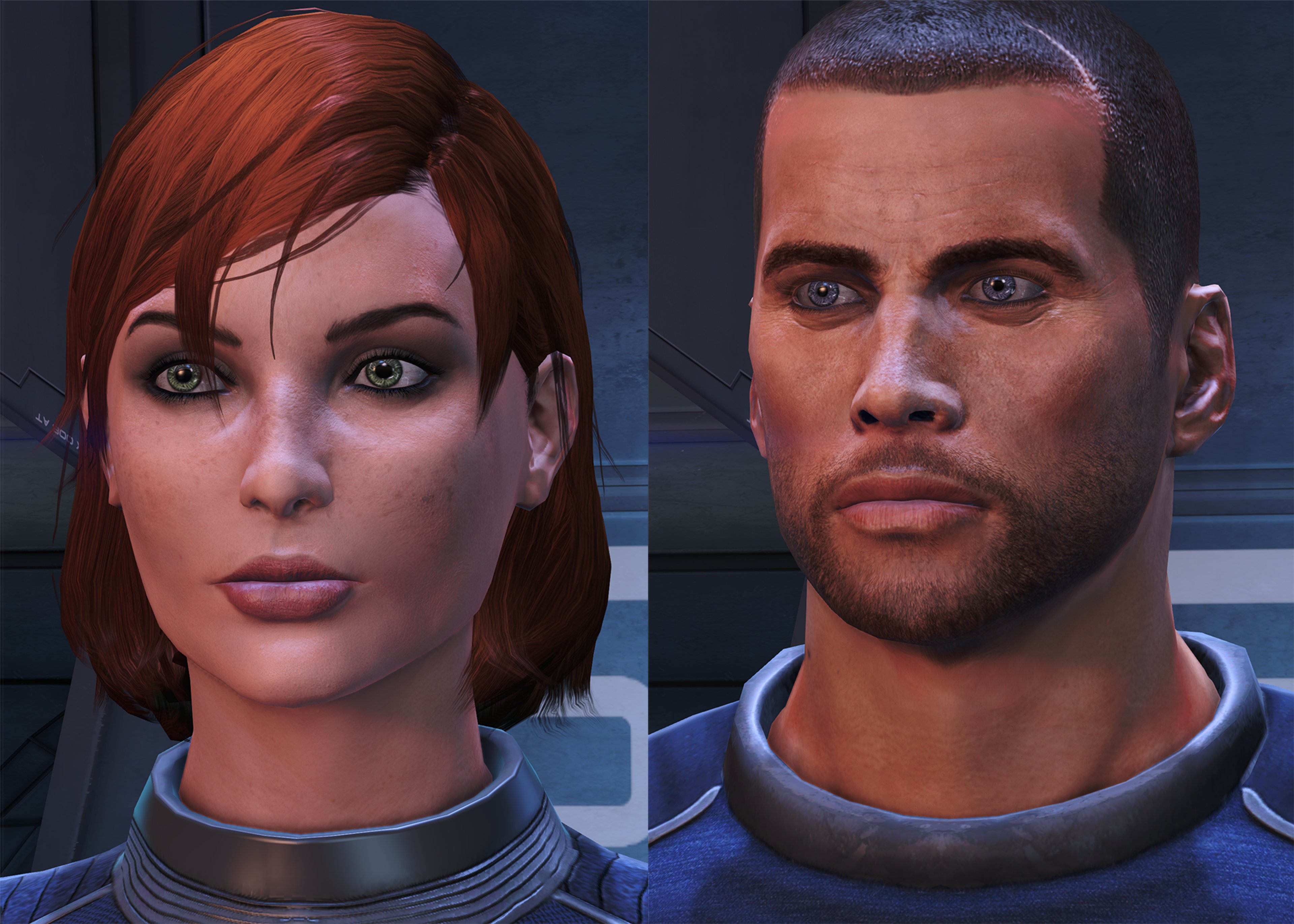 Two characters from a science fiction or military-themed video game or movie, a male and a female, wearing blue and black uniforms and having a serious expression.