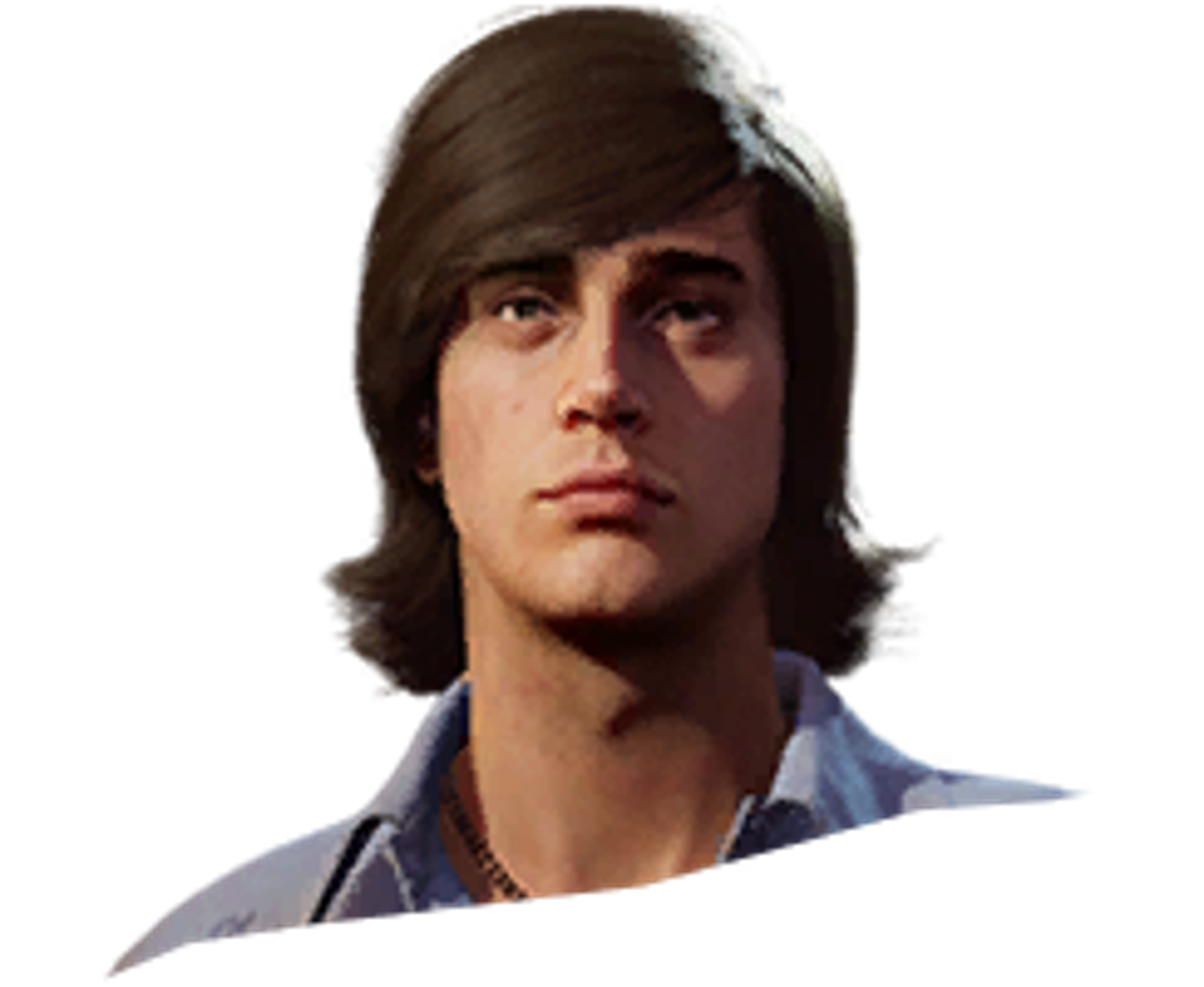 A young man with dark hair and a muscular build wearing a blue collared shirt.