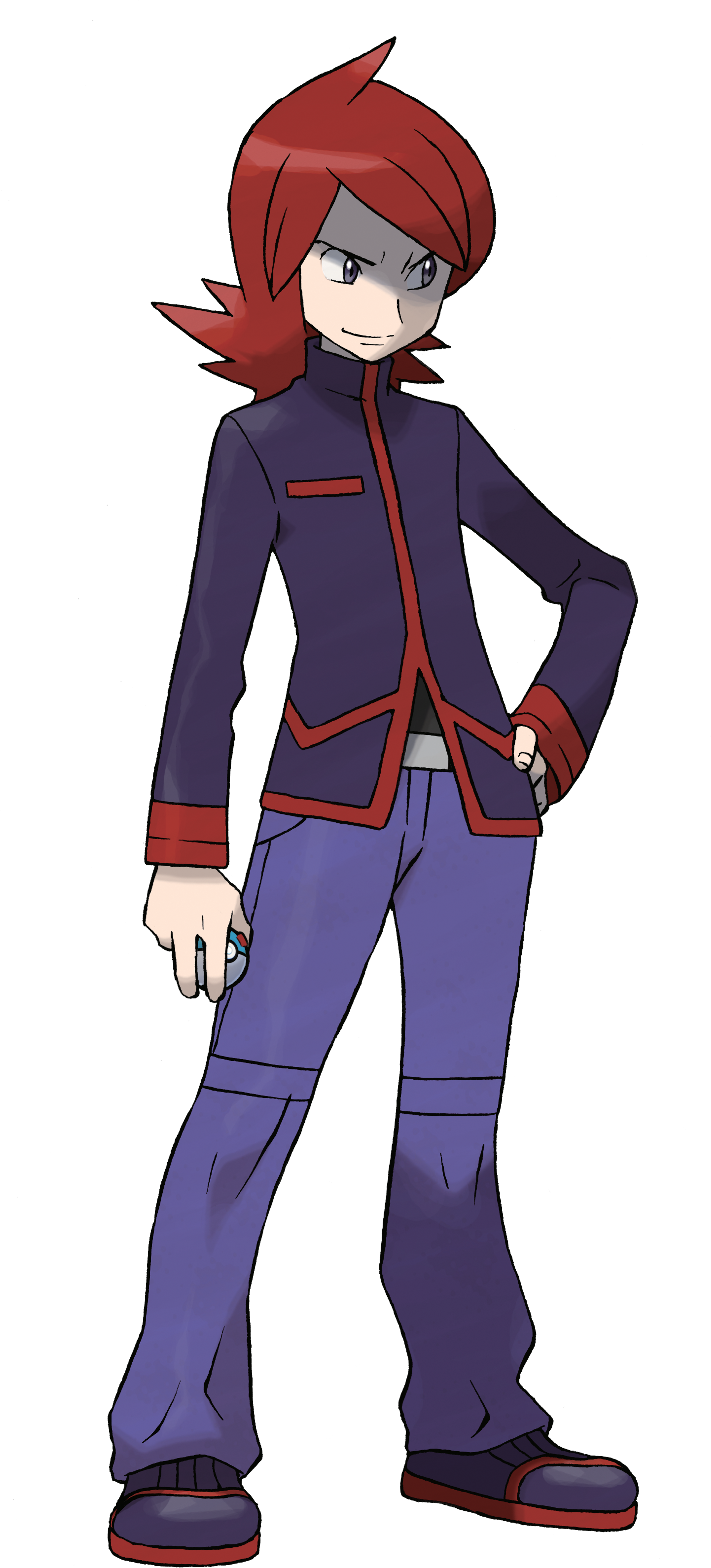 An anime-style character with red hair and a purple jacket