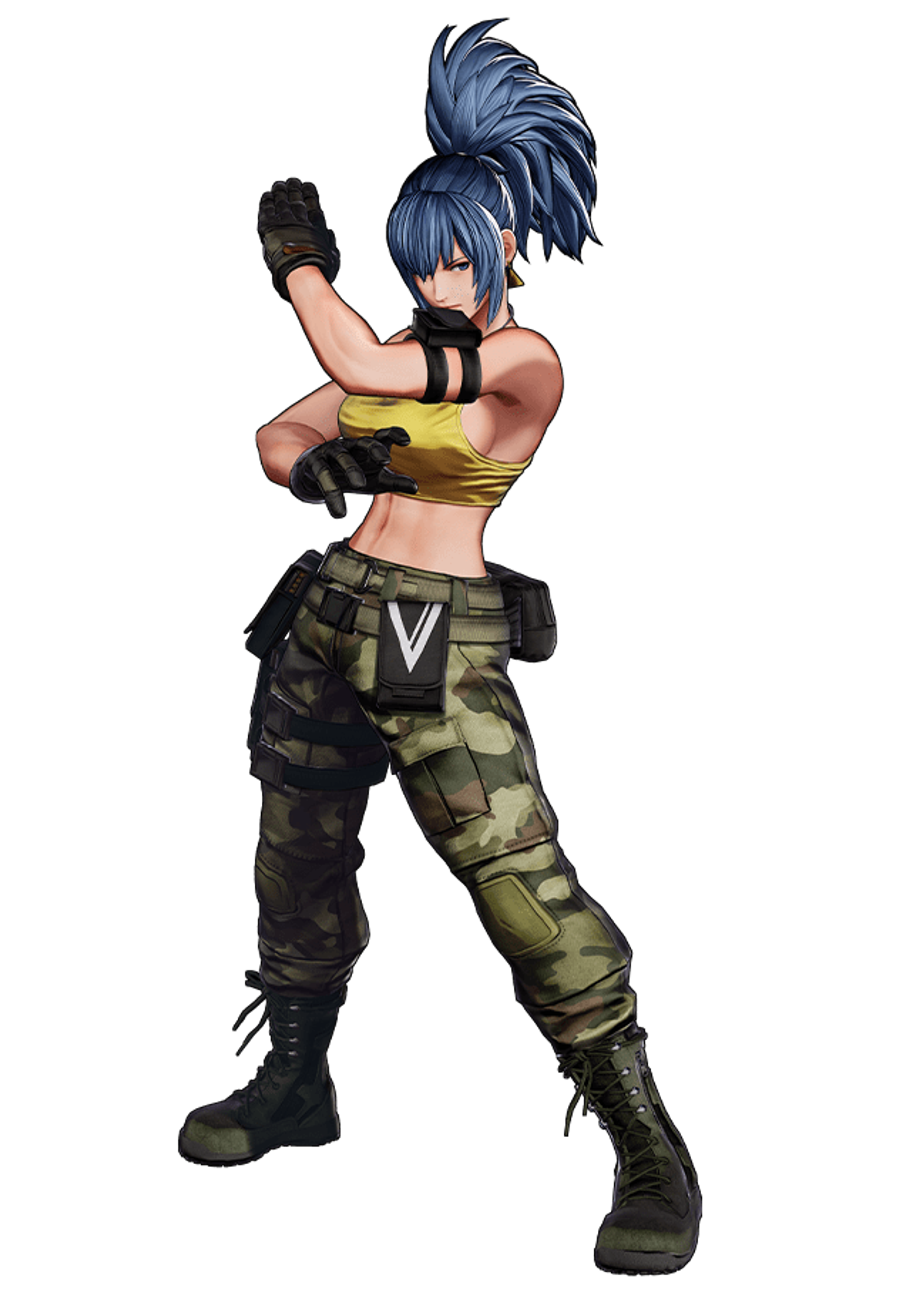 A female character with blue hair in a fighting stance, wearing a black crop top and camouflage pants.