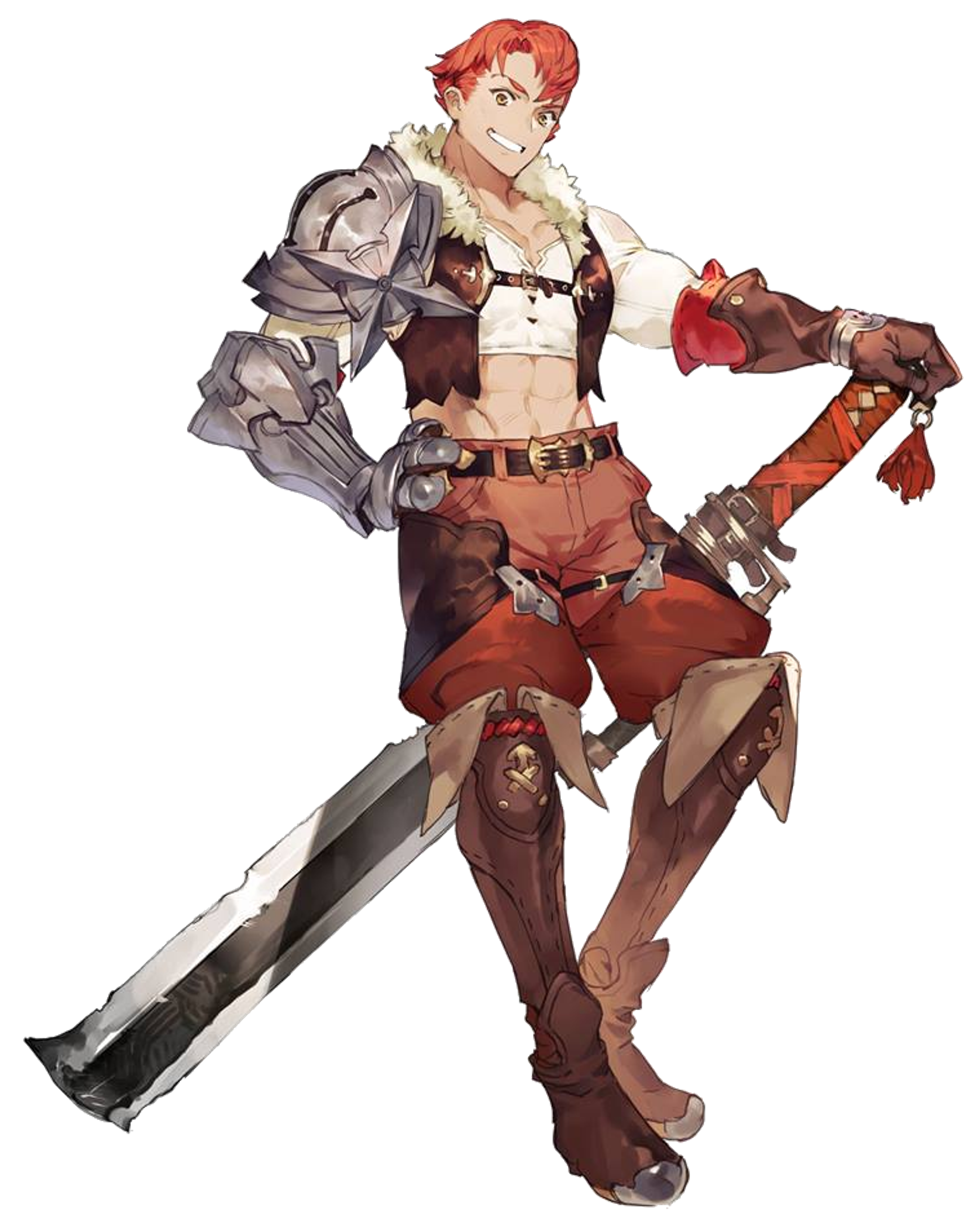 A muscular, red-haired male character wielding a greatsword