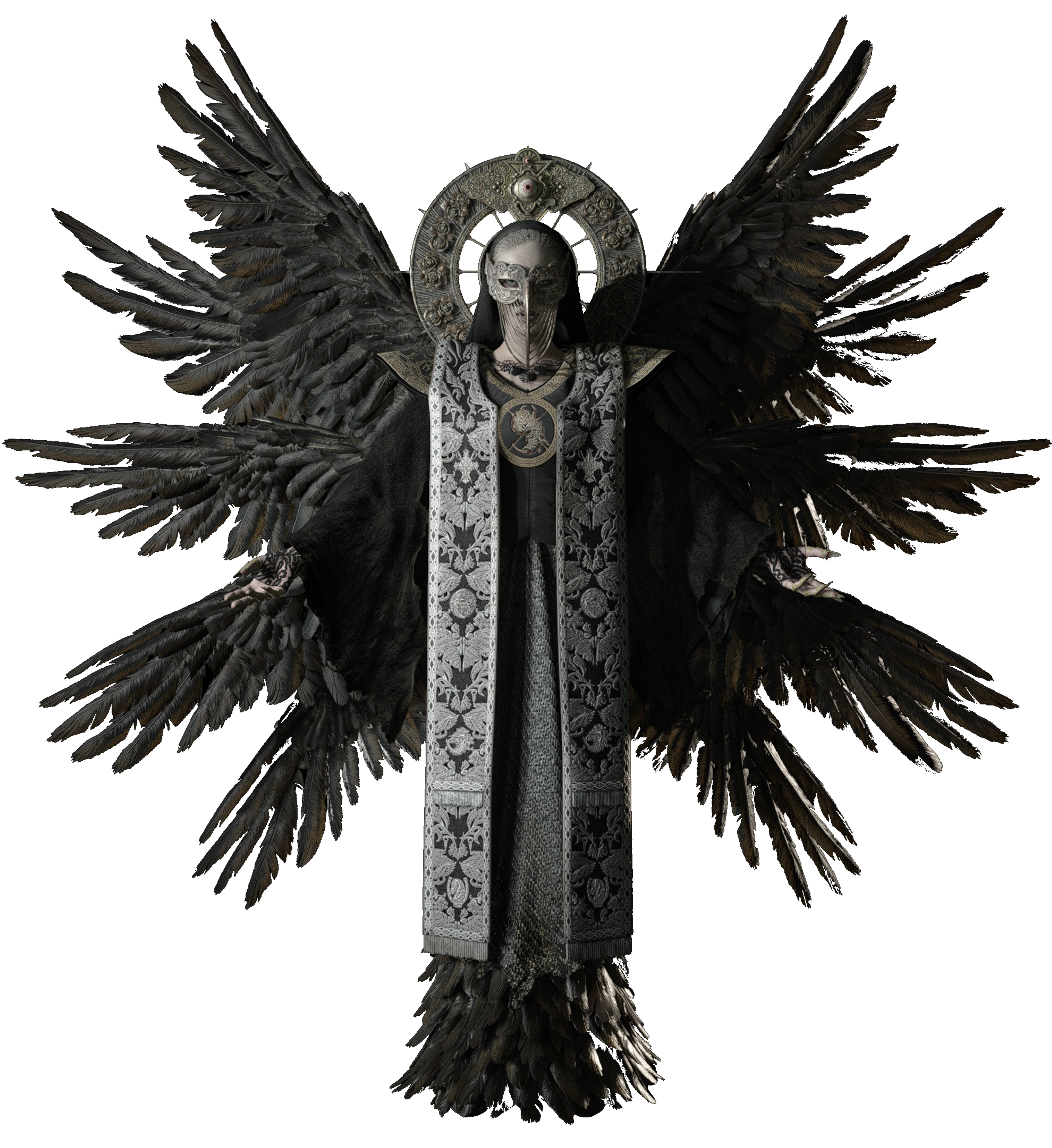 A dark, gothic angelic figure with wings and a halo, wearing an ornate robe and crown-like headpiece.