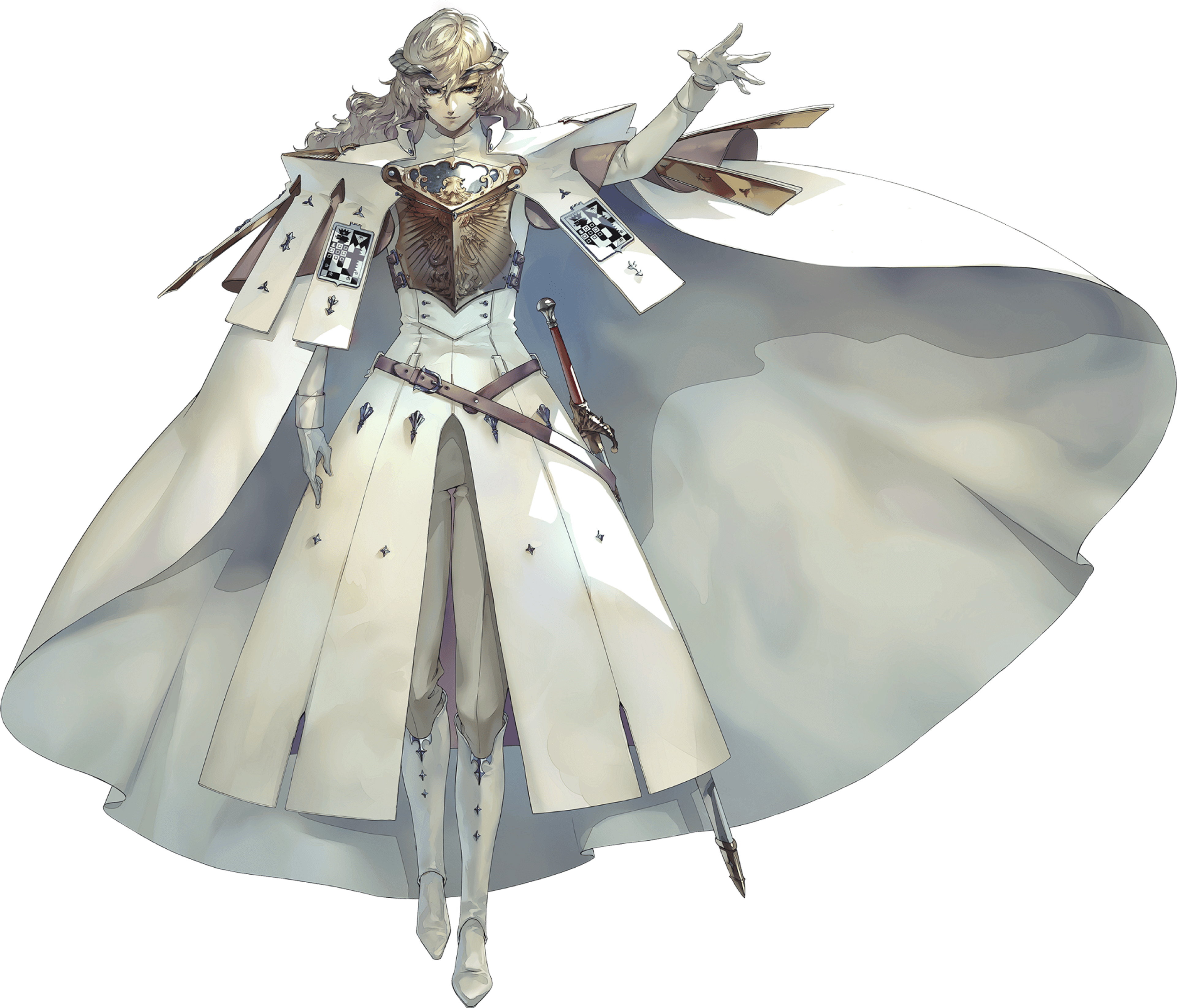 A man in ornate white armor with long blonde hair and blue eyes