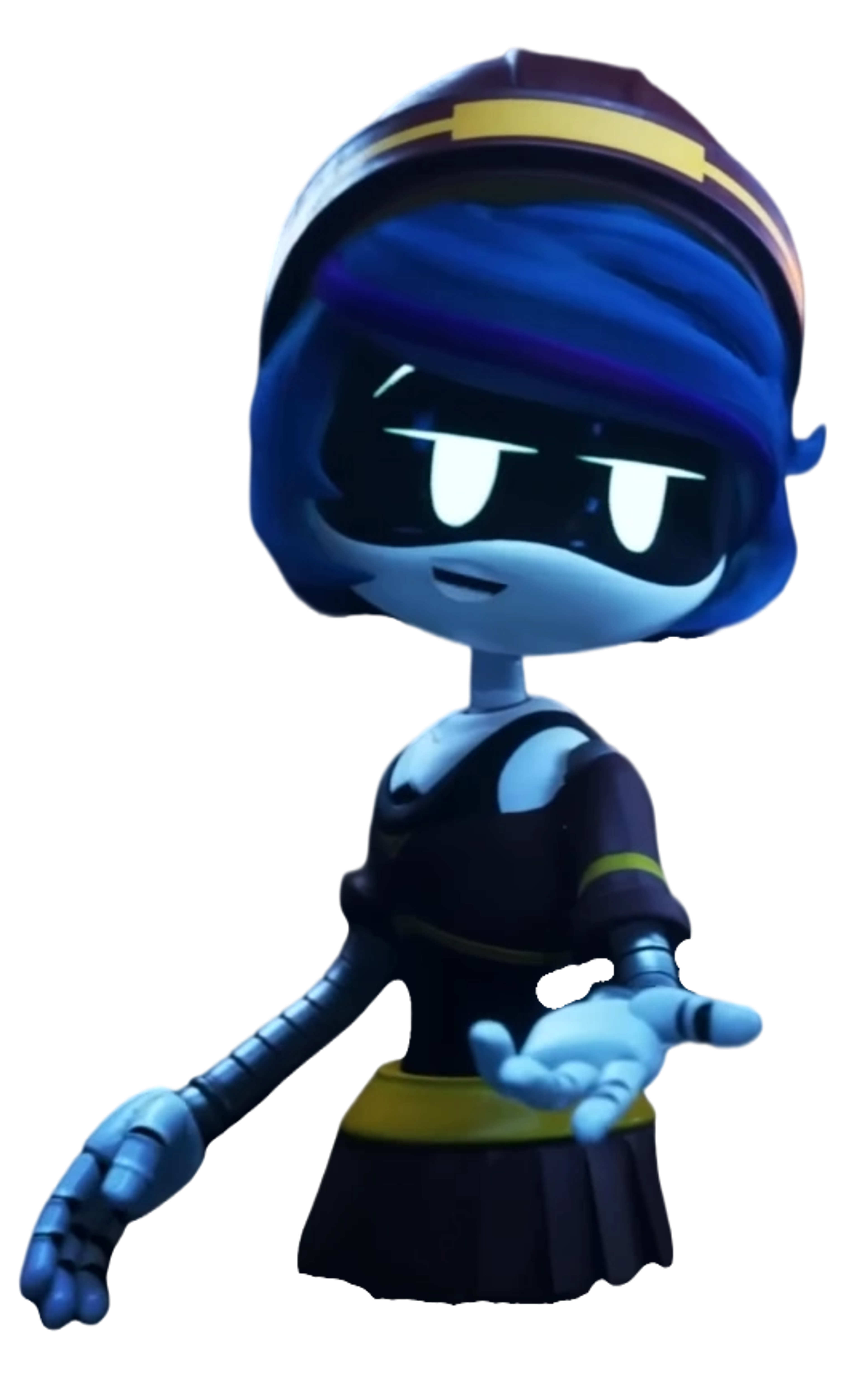 A blue-haired female robotic character with a stern expression, wearing a black and yellow outfit.