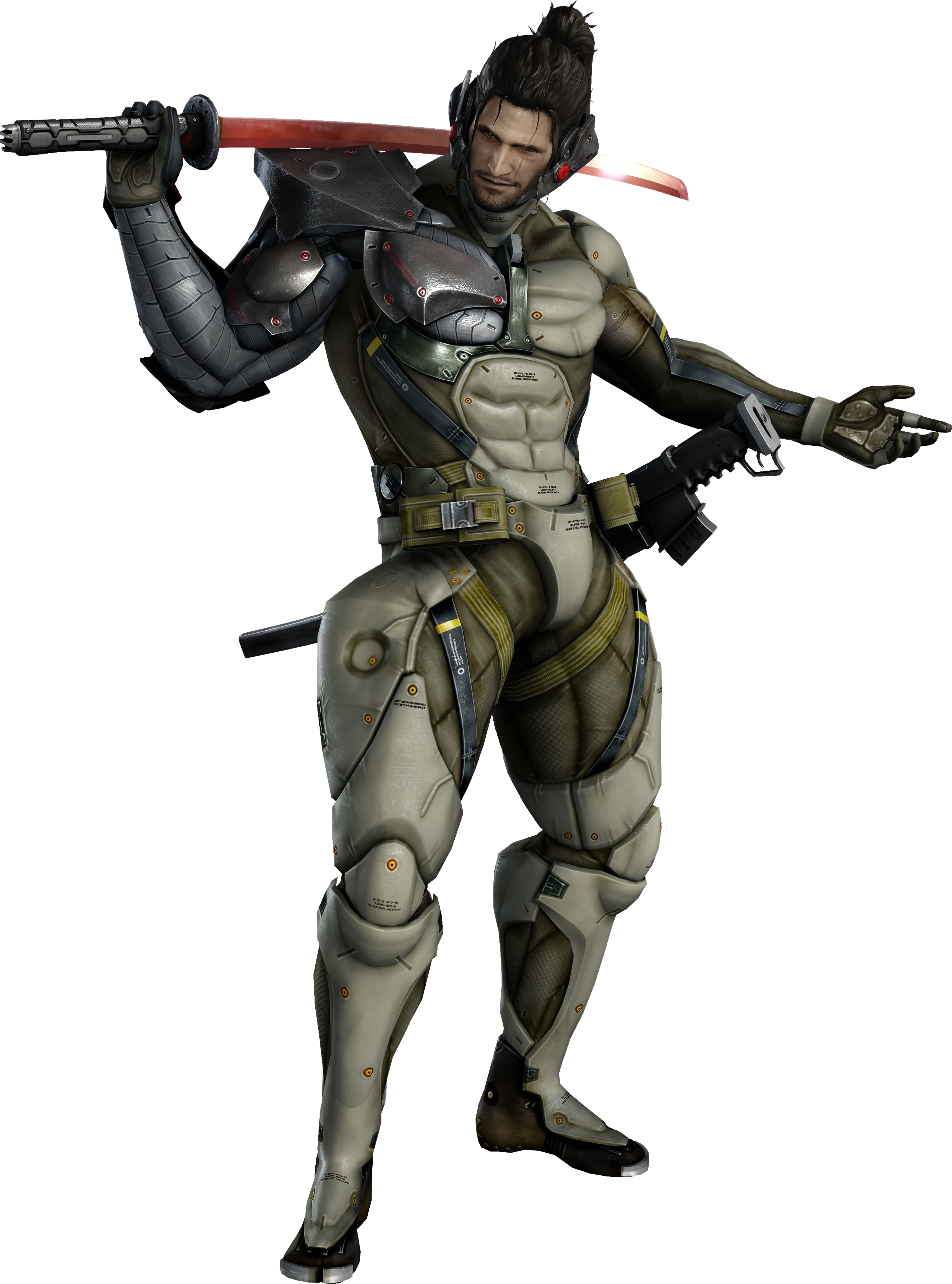 A cybernetically-enhanced male character in a combat-ready pose, holding a large sword.