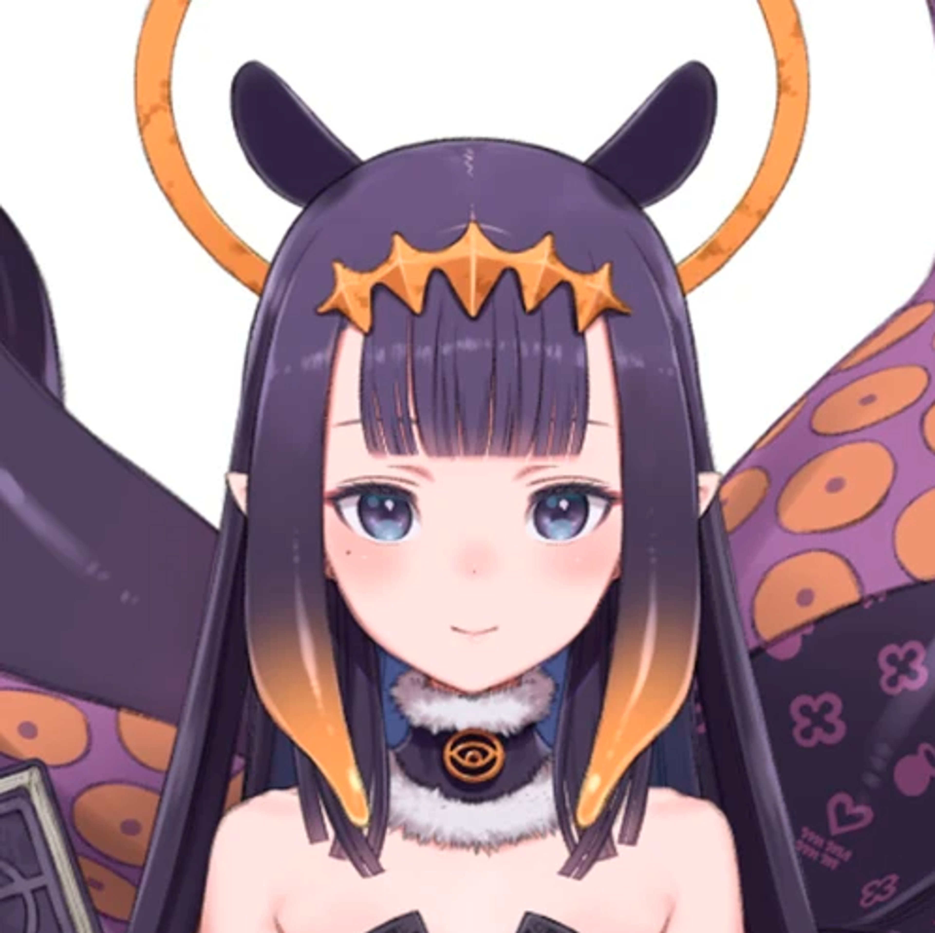 An anime-style character with long purple hair and blue eyes, wearing a black outfit with orange accents and tentacle-like appendages emerging from her back.