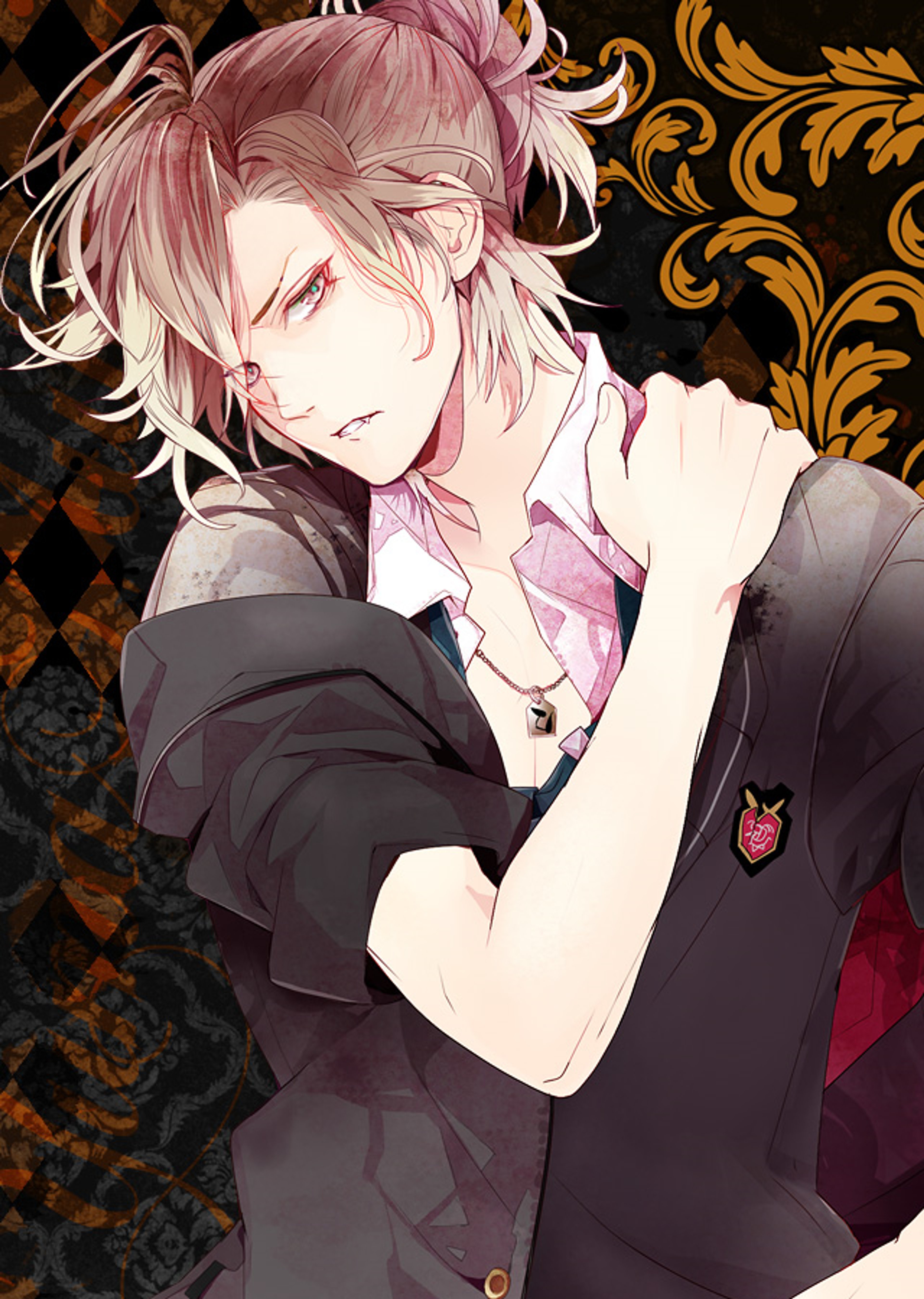 A tall, muscular young man with messy pink hair and a rebellious expression, wearing a dark school uniform.