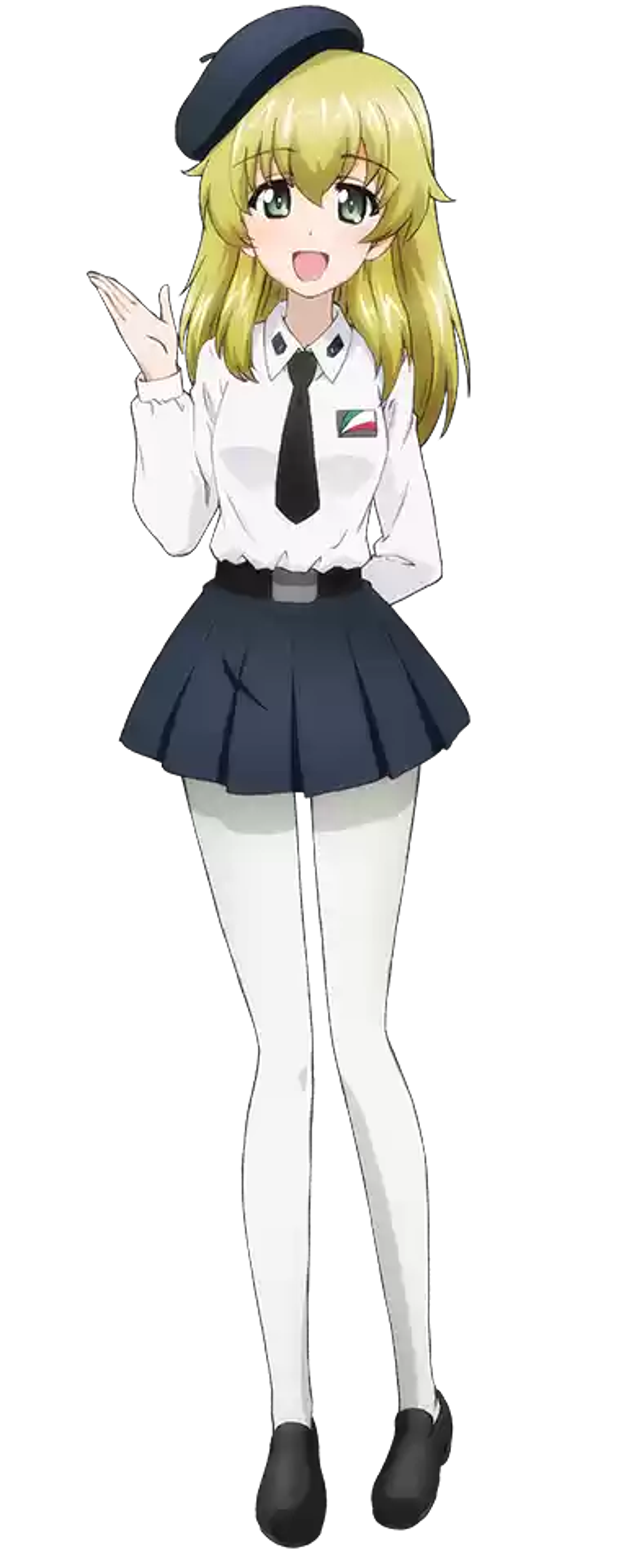 An anime girl in a school uniform with blonde hair and green eyes