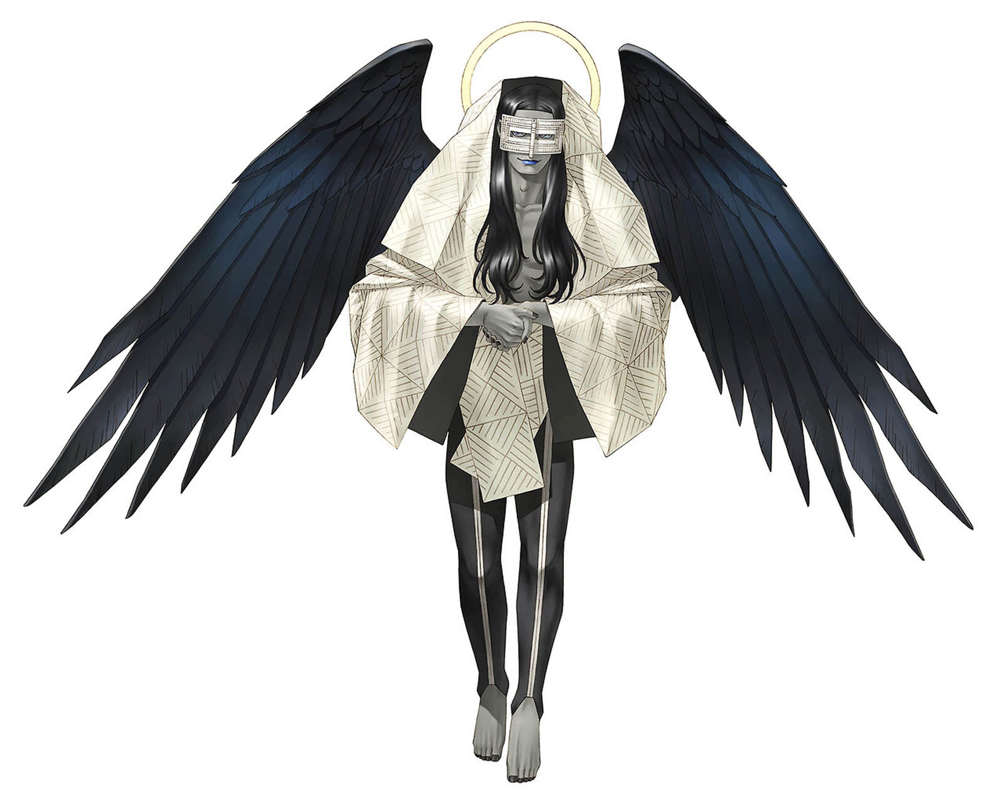 A dark-skinned female angel with black wings and a halo, wearing a white robe and standing in a powerful pose.