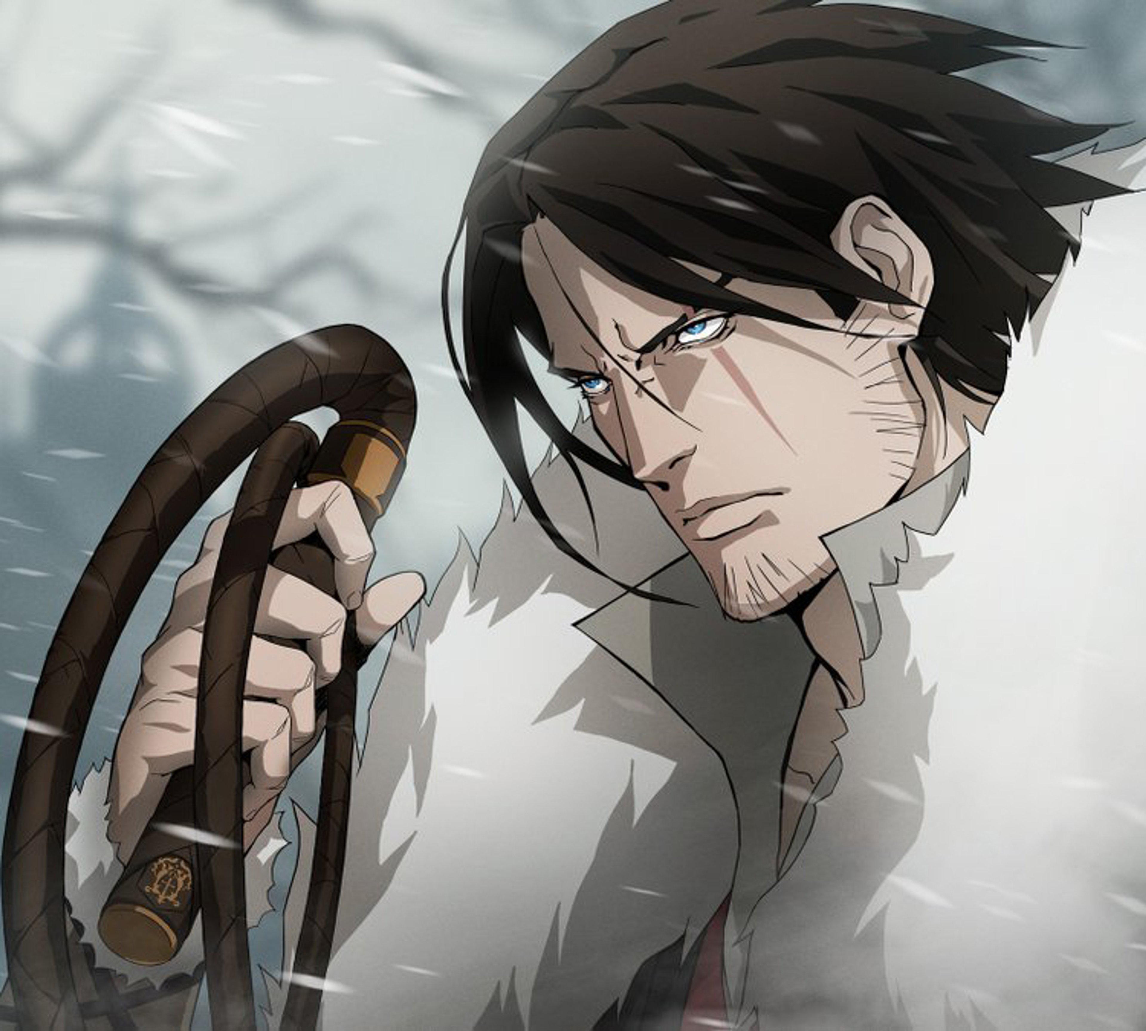 A man with dark hair and a scar over his eye, wielding a weapon or tool.