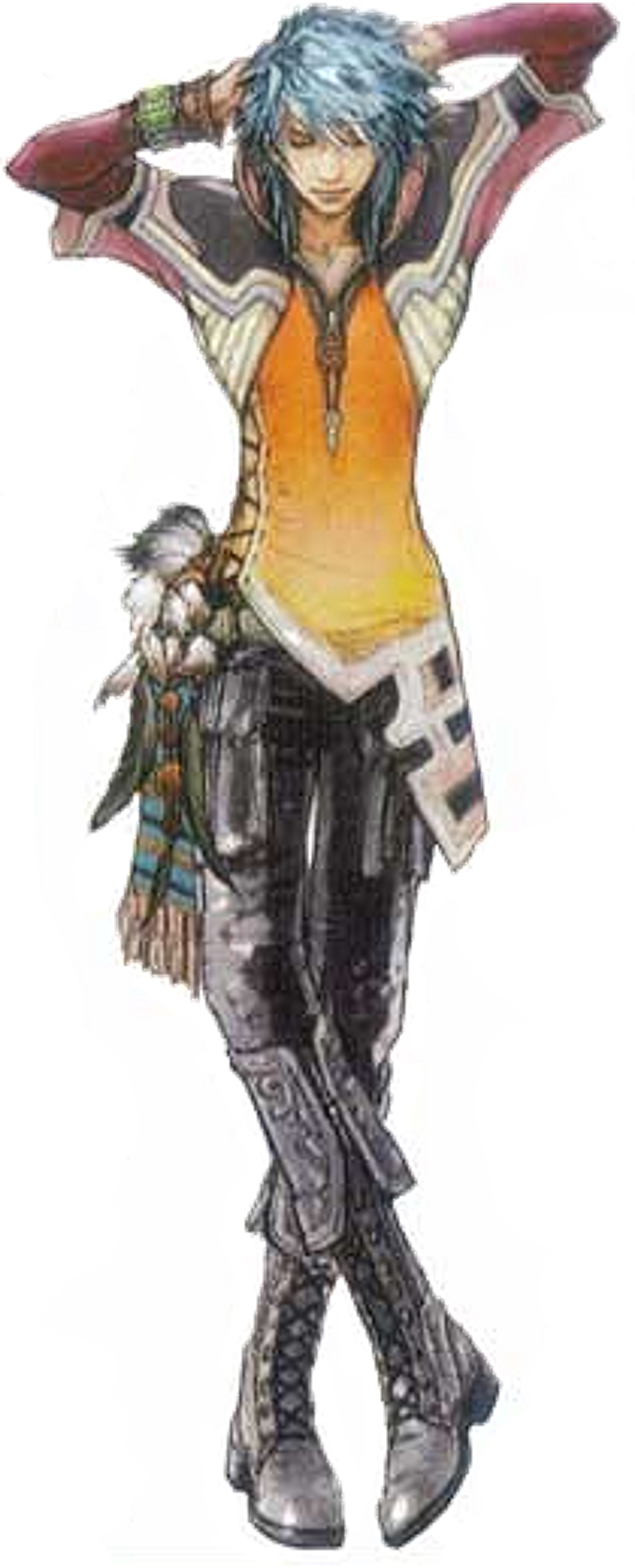 A stylish young man with blue hair in a confident pose