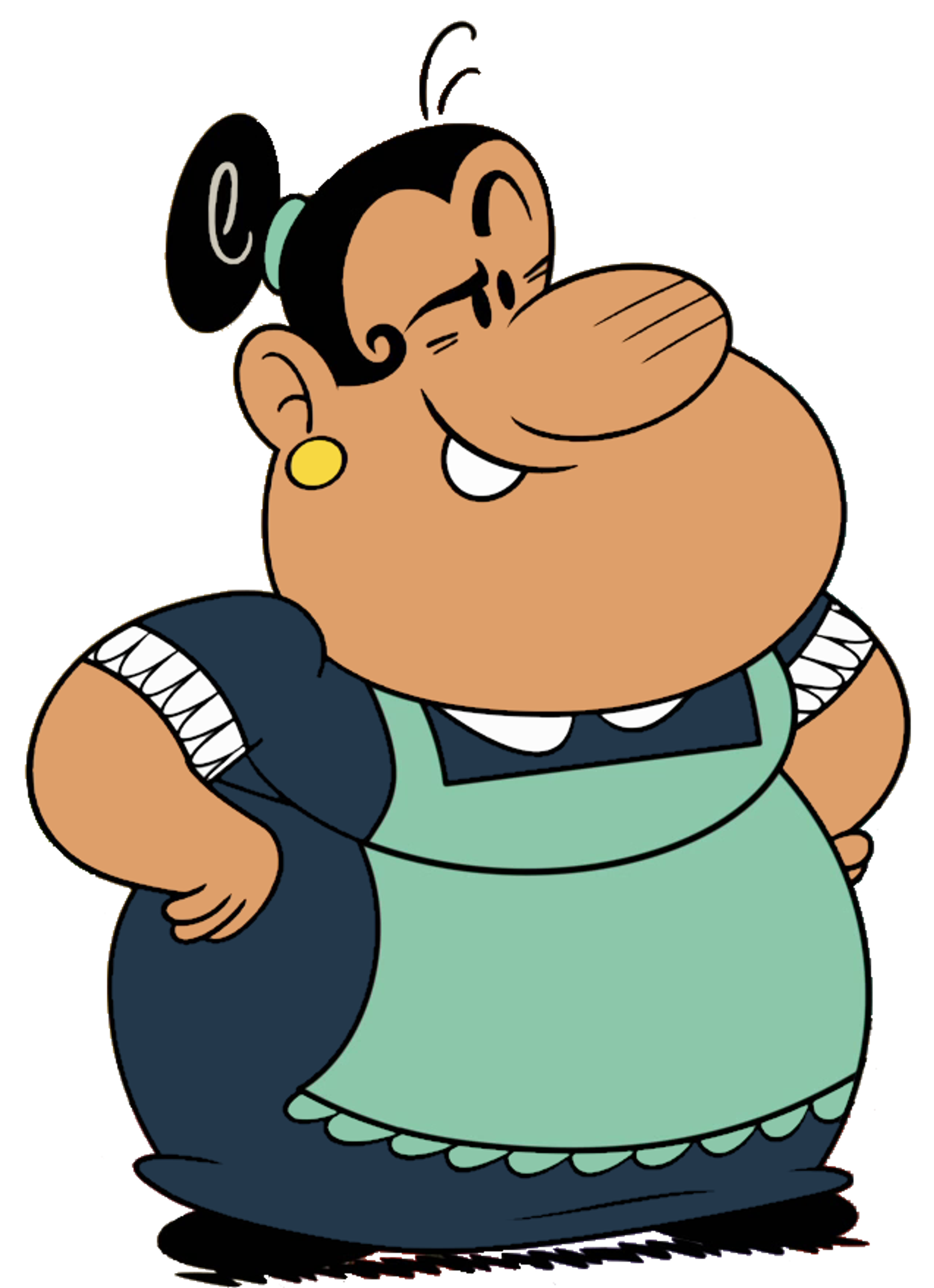 An illustration of a short, plump Mexican-American woman in a green dress and white apron, with a warm, friendly expression.