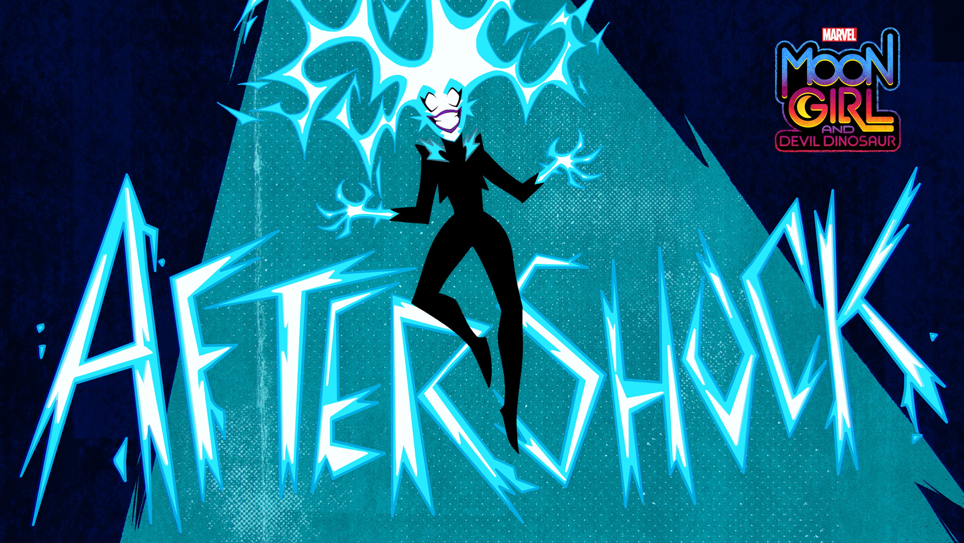 A female supervillain character named Aftershock, with an electrical body and dramatic pose.