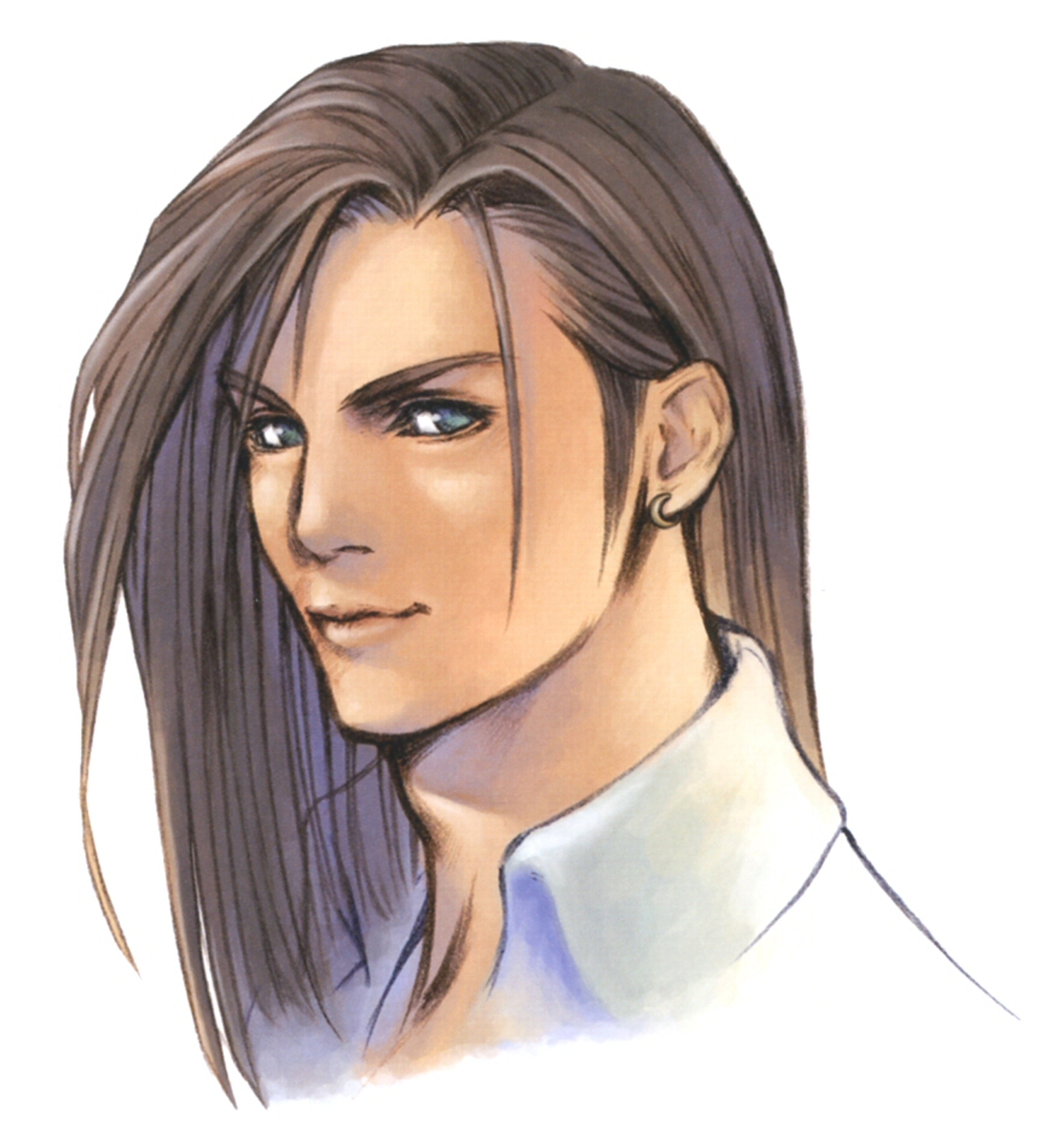 A man with long dark hair and a serious expression, wearing a white shirt