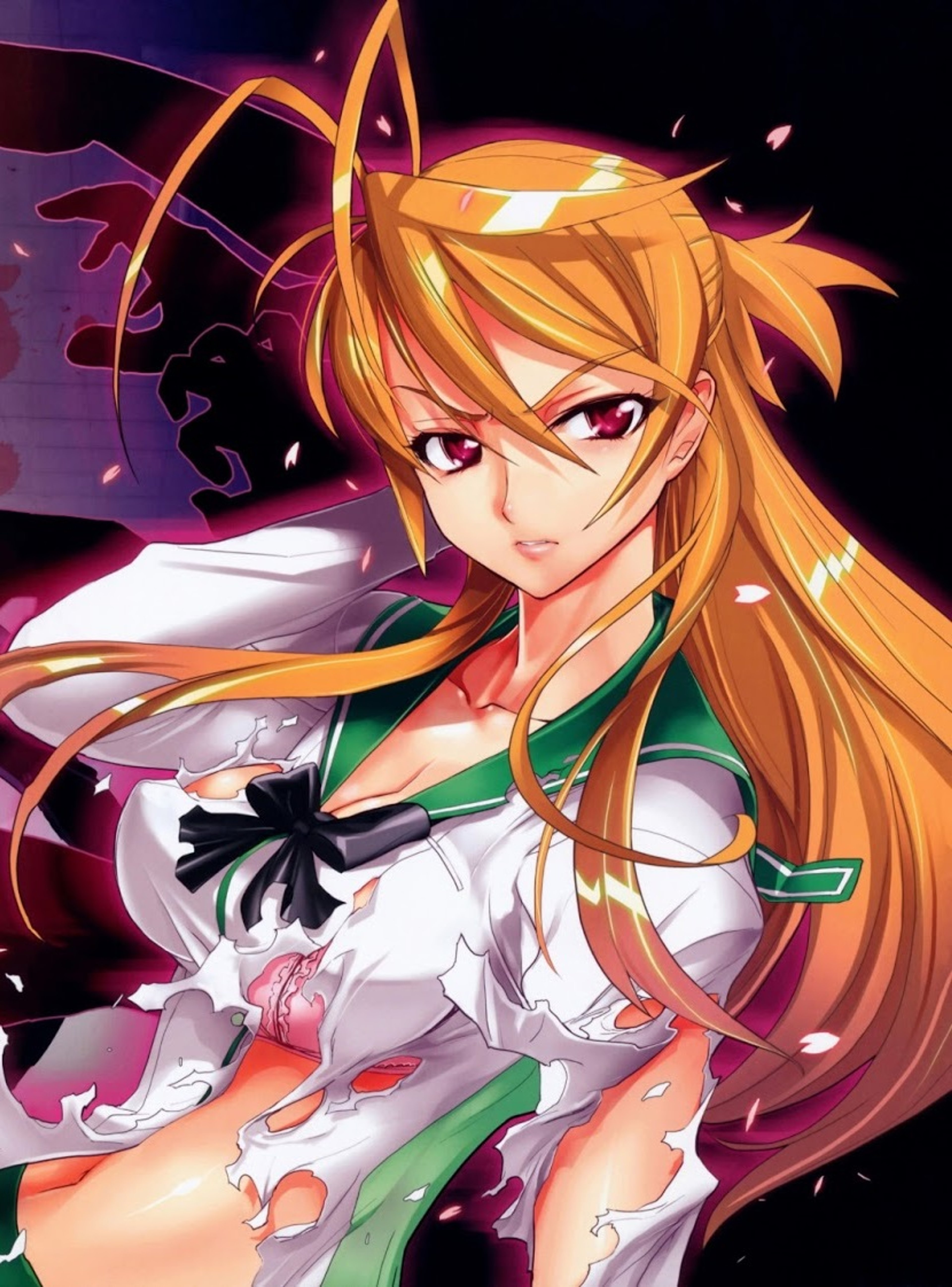 An anime-style character with long orange hair and red eyes, wearing a white shirt and short skirt and holding a weapon or object.