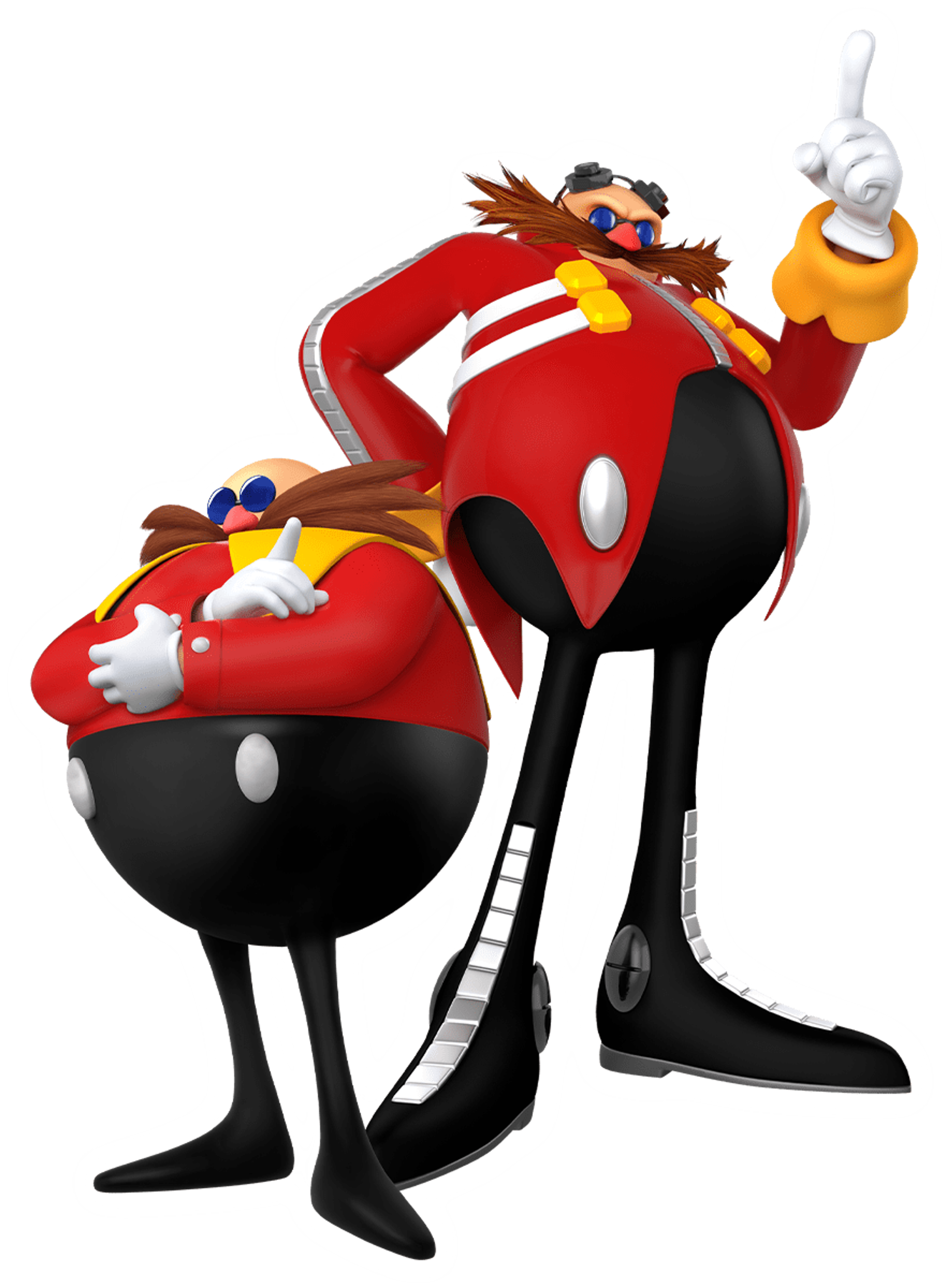 An evil-looking, bald, mustachioed man in a red and black outfit making a villainous gesture