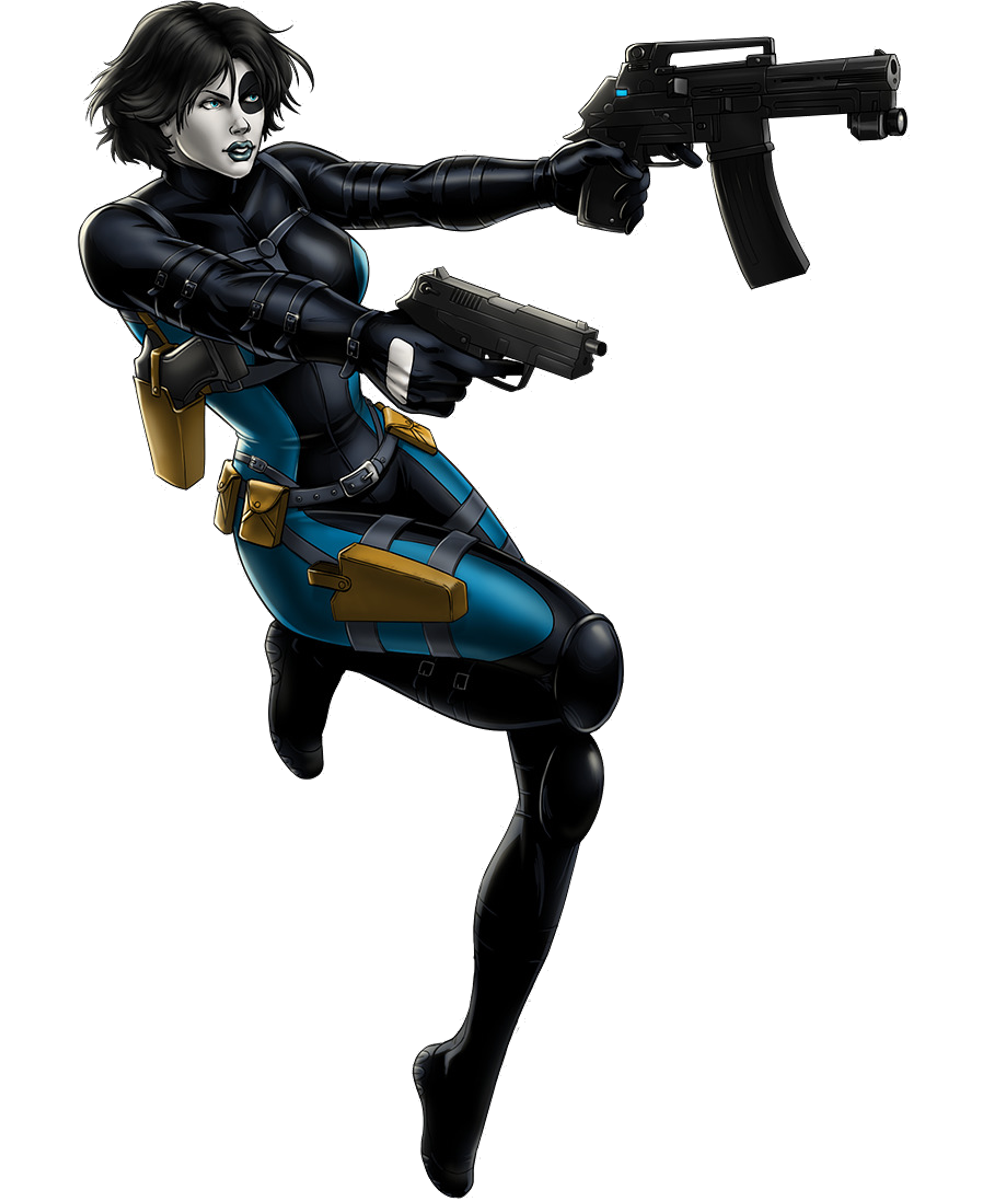 A female character in a black bodysuit holding two handguns in a combat pose.