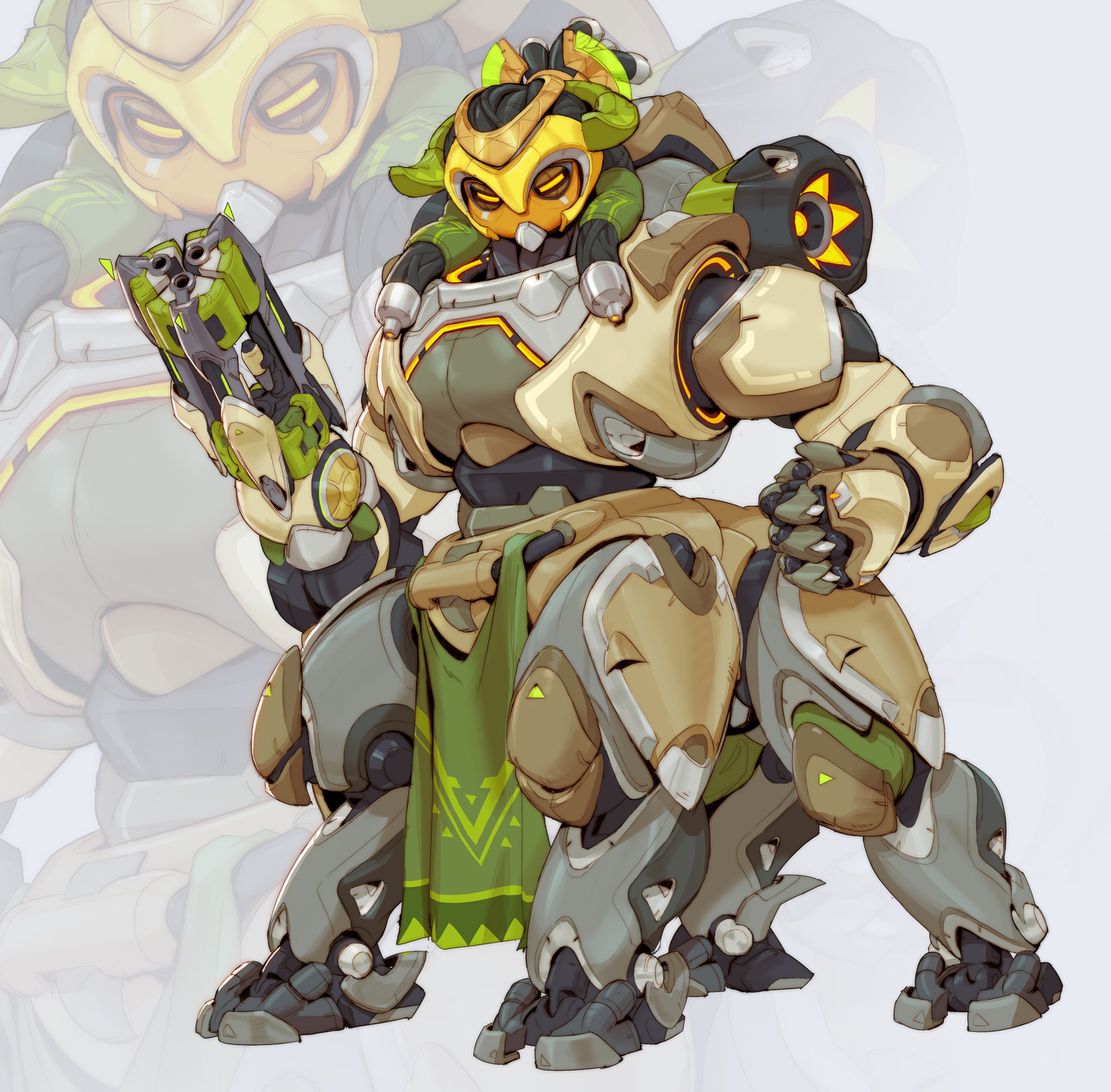 A detailed, heavily armored robotic character with a green and gold color scheme, wielding a large weapon or cannon.