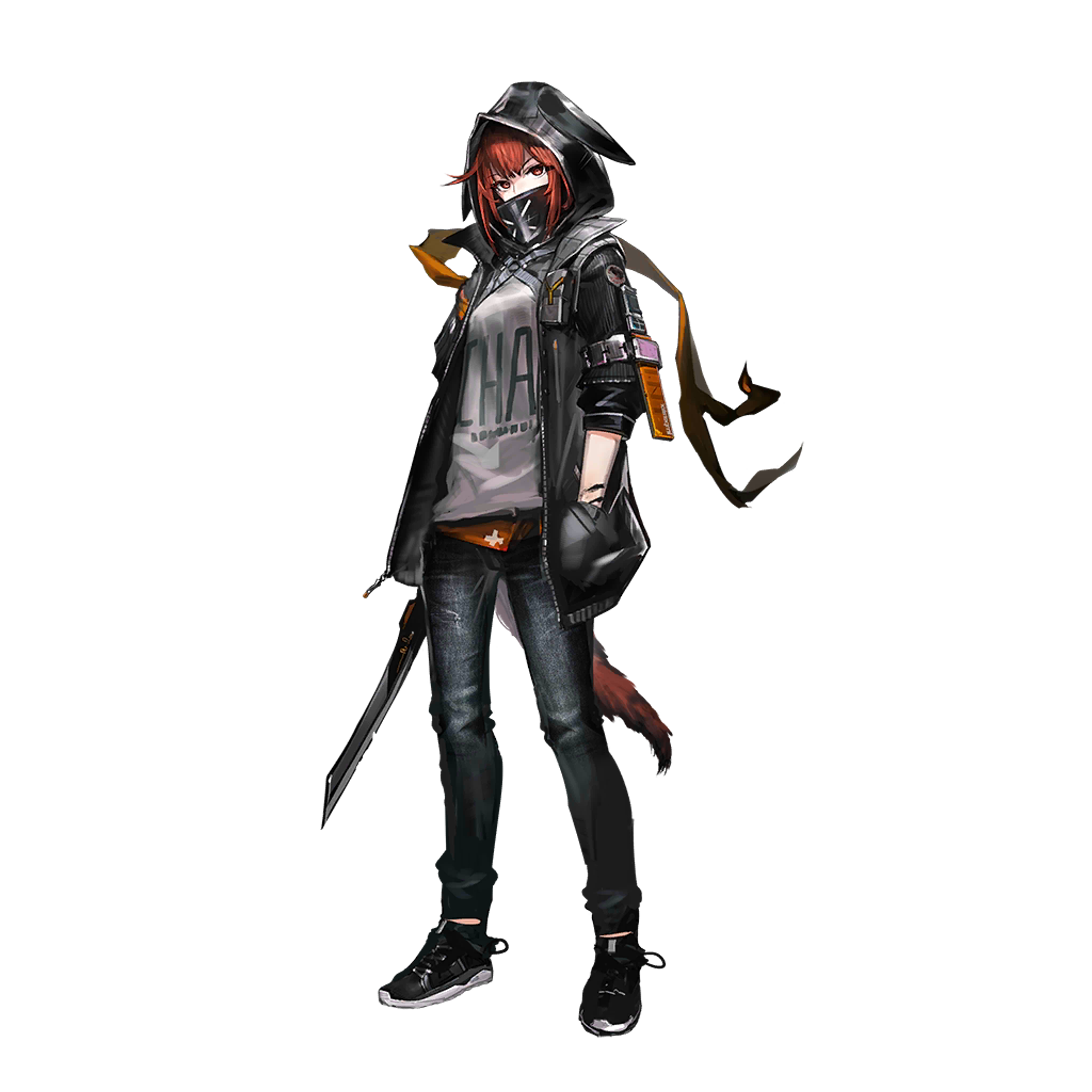 A female character in a dark hooded jacket holding a large knife