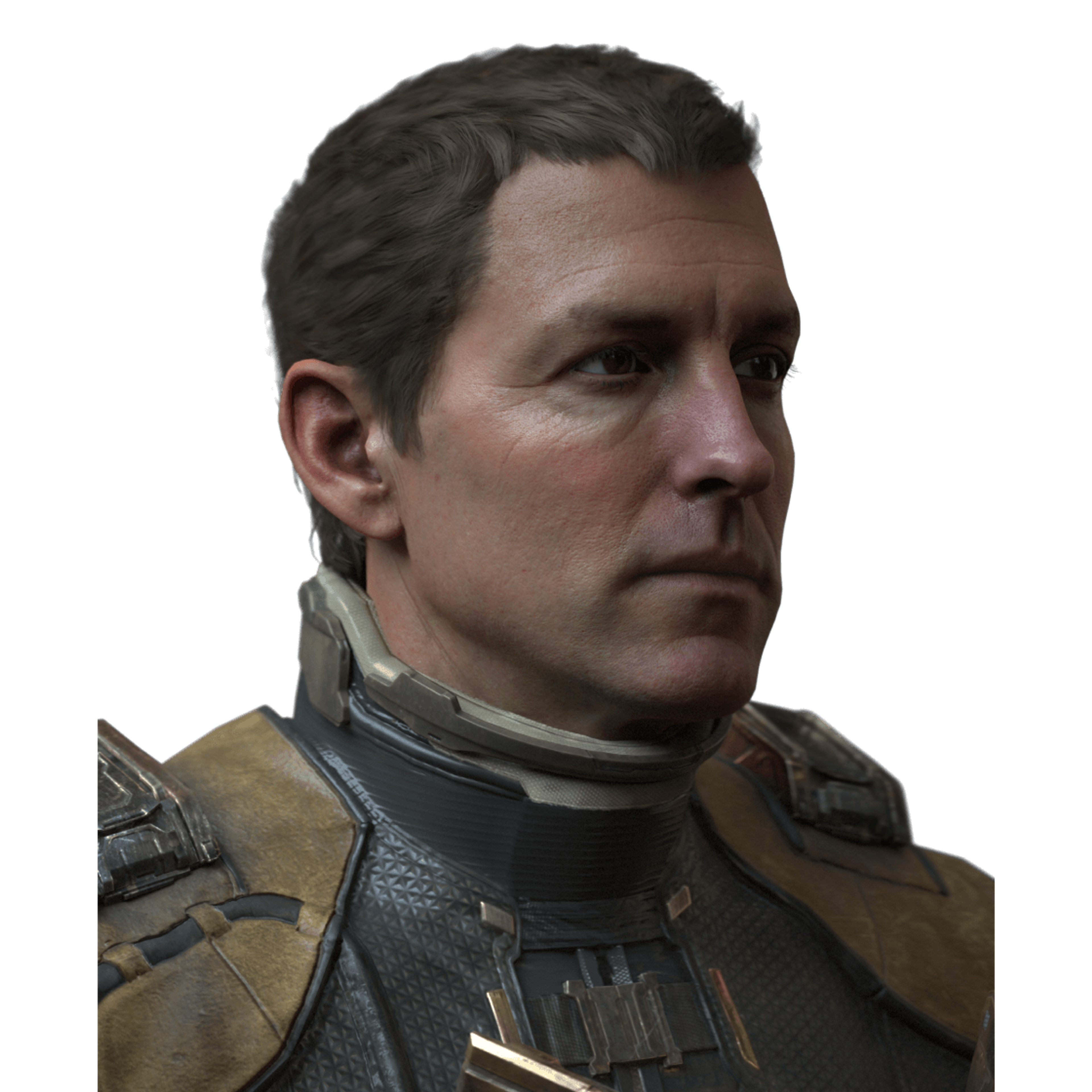 A middle-aged man in a military-style uniform, with a serious expression, in a spaceship or industrial setting.