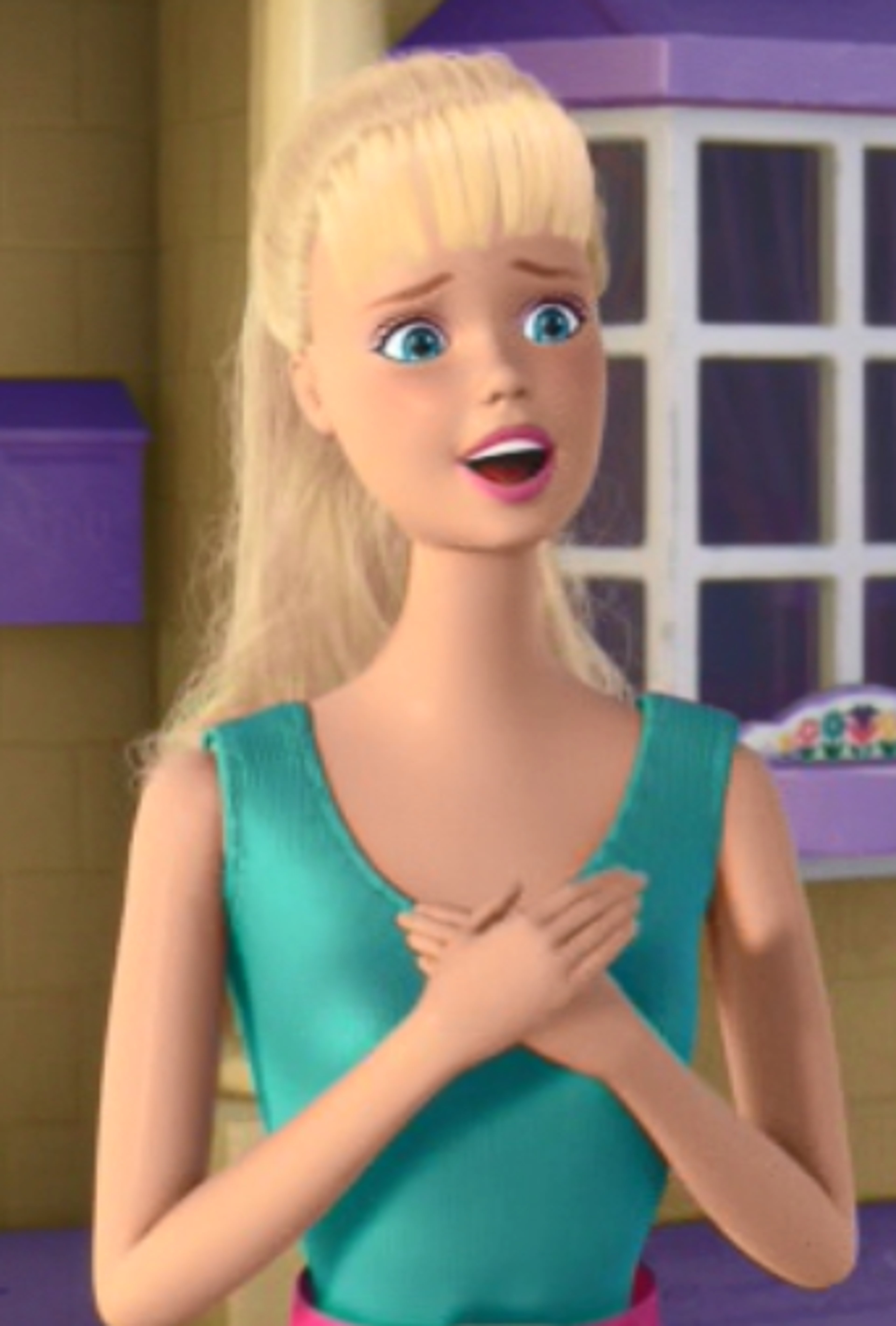 A blonde female character in a blue jumpsuit with a surprised expression