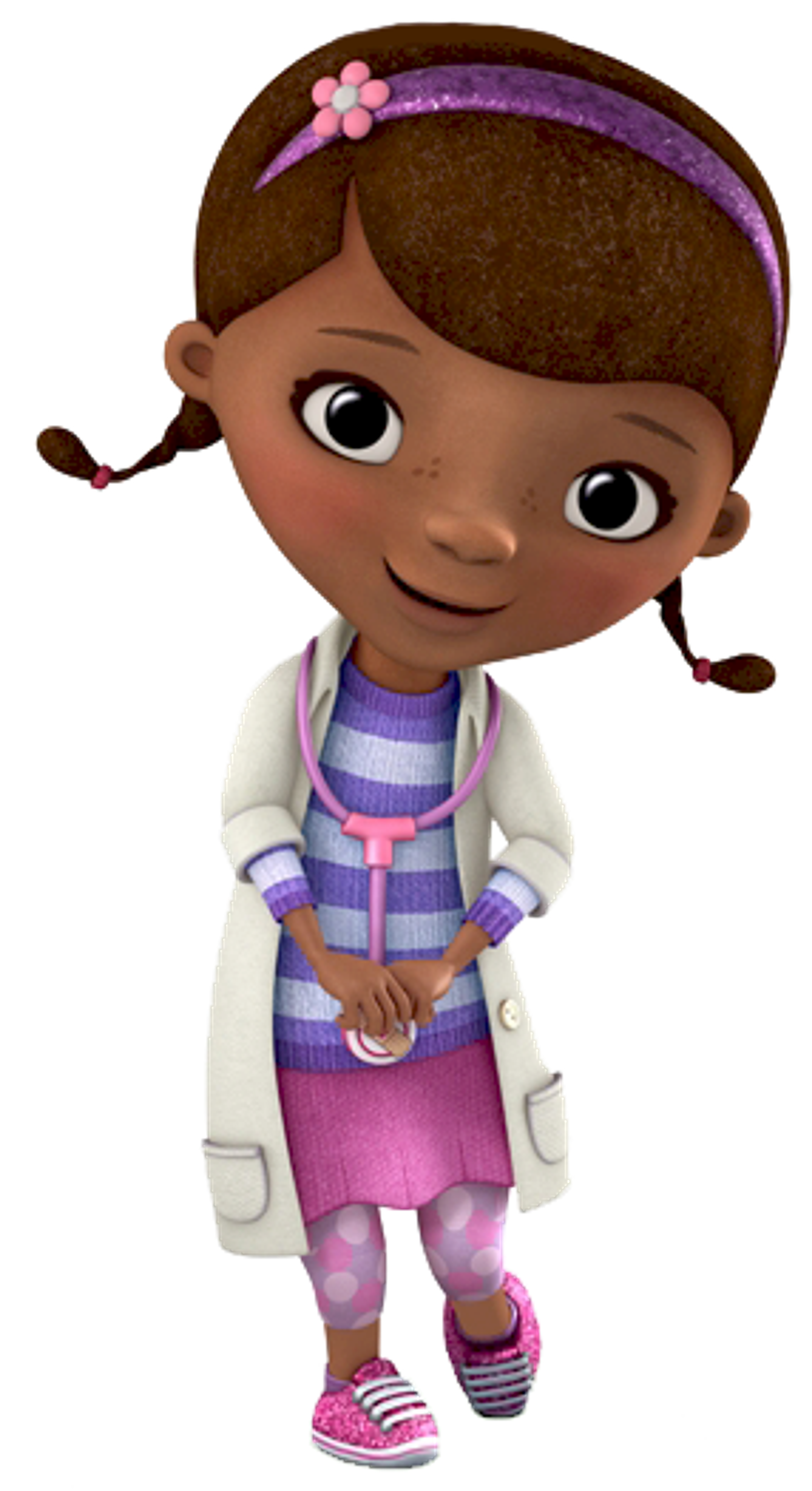 An animated young African American girl in a white lab coat and colorful clothing, with a friendly expression