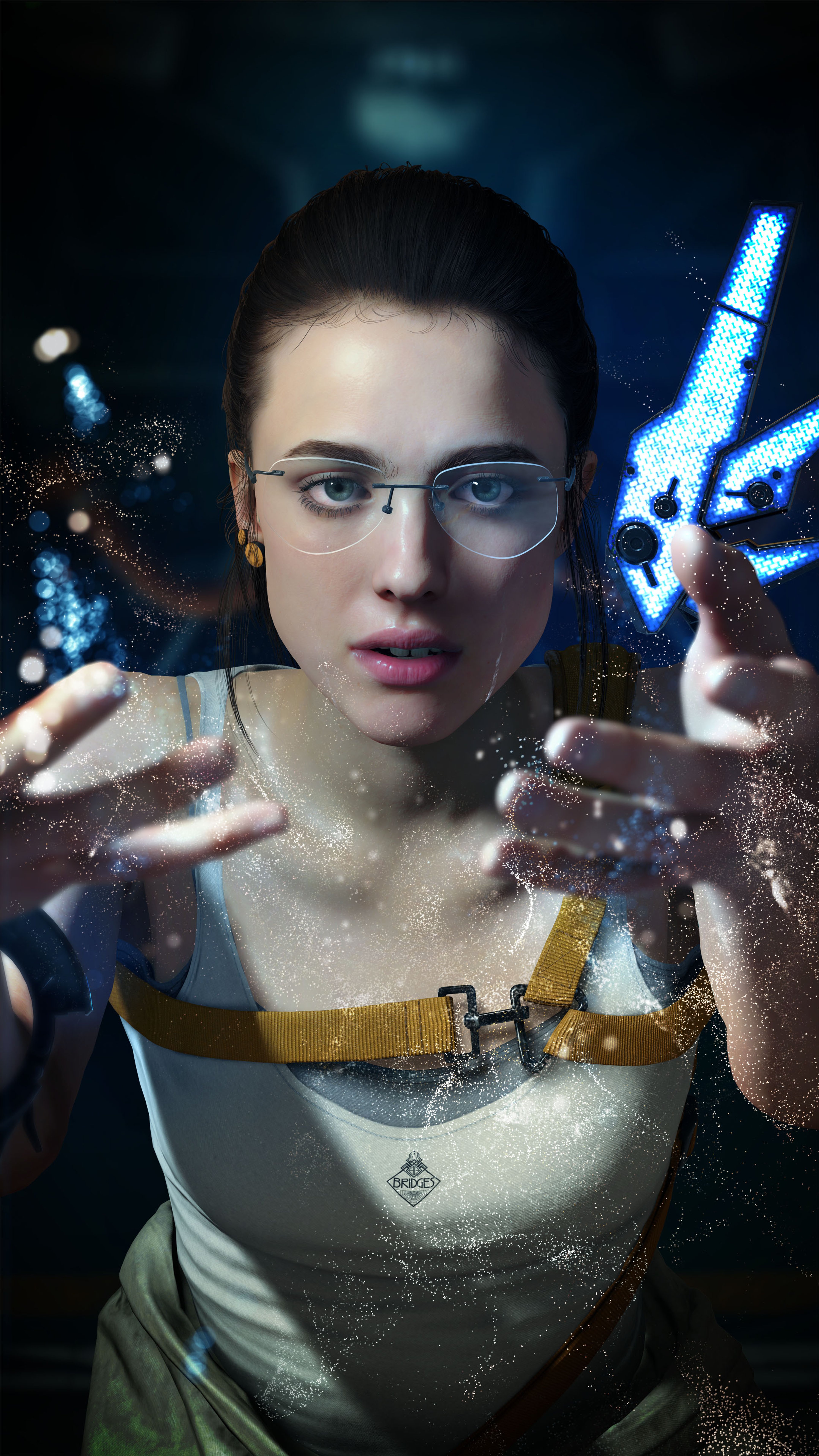 A woman with dark hair wearing glasses and a white top, surrounded by scientific equipment