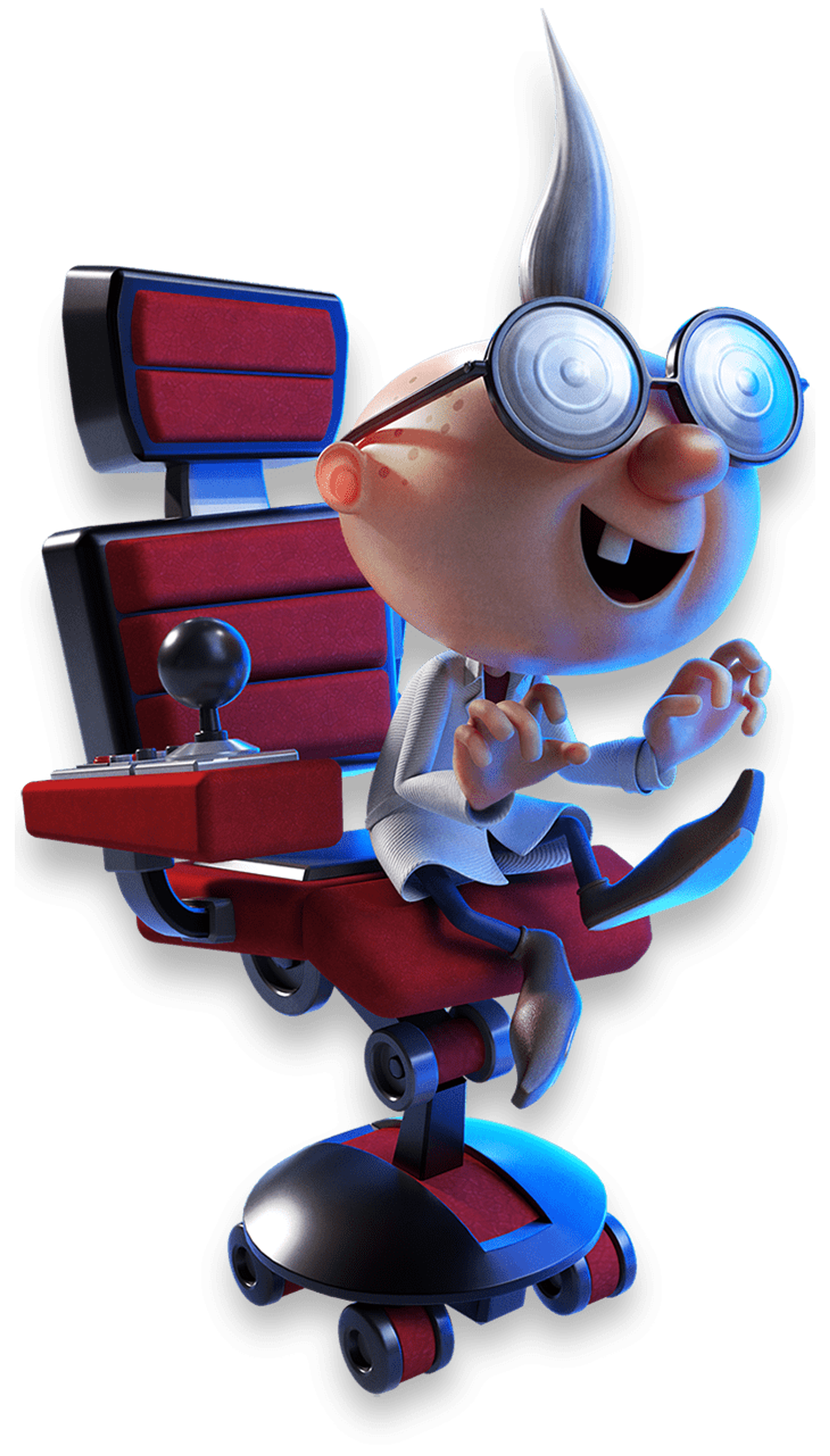 An elderly, bald scientist with swirly glasses operating a futuristic device
