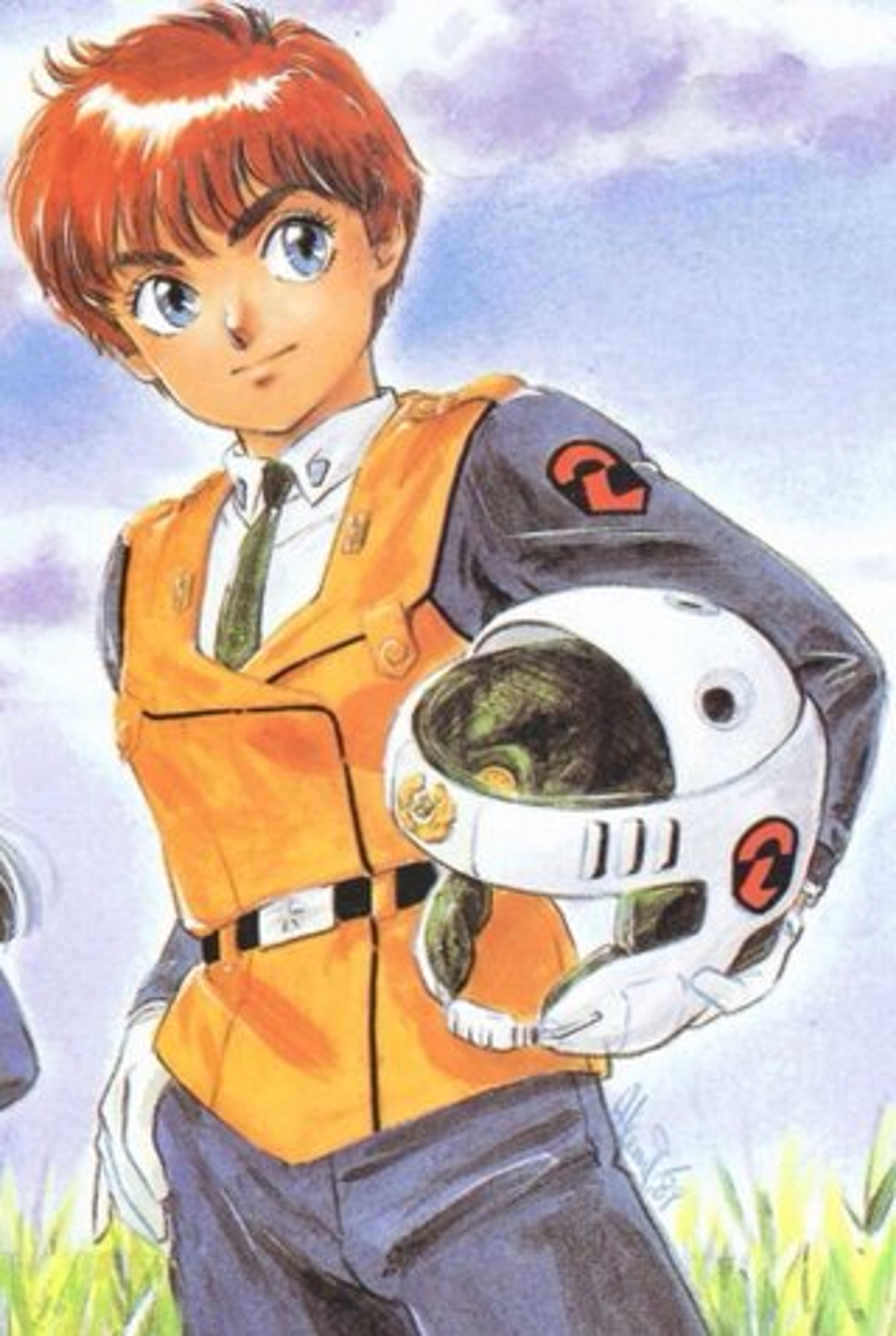 An anime-style character with short, reddish-orange hair wearing a yellow jumpsuit and holding a mechanical device.