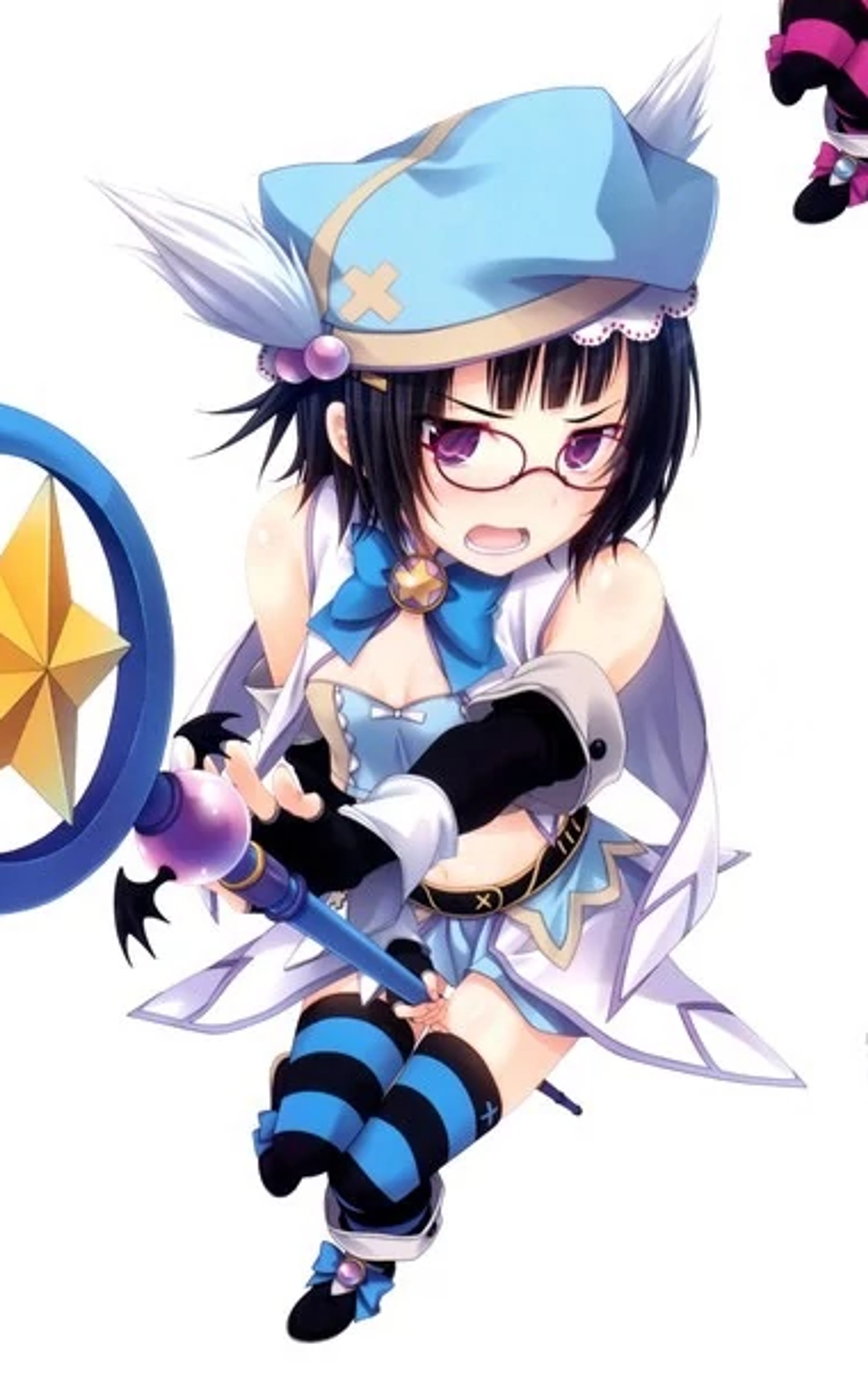 An anime-style character with short dark hair wearing a blue hat and outfit, holding a blue staff or wand.