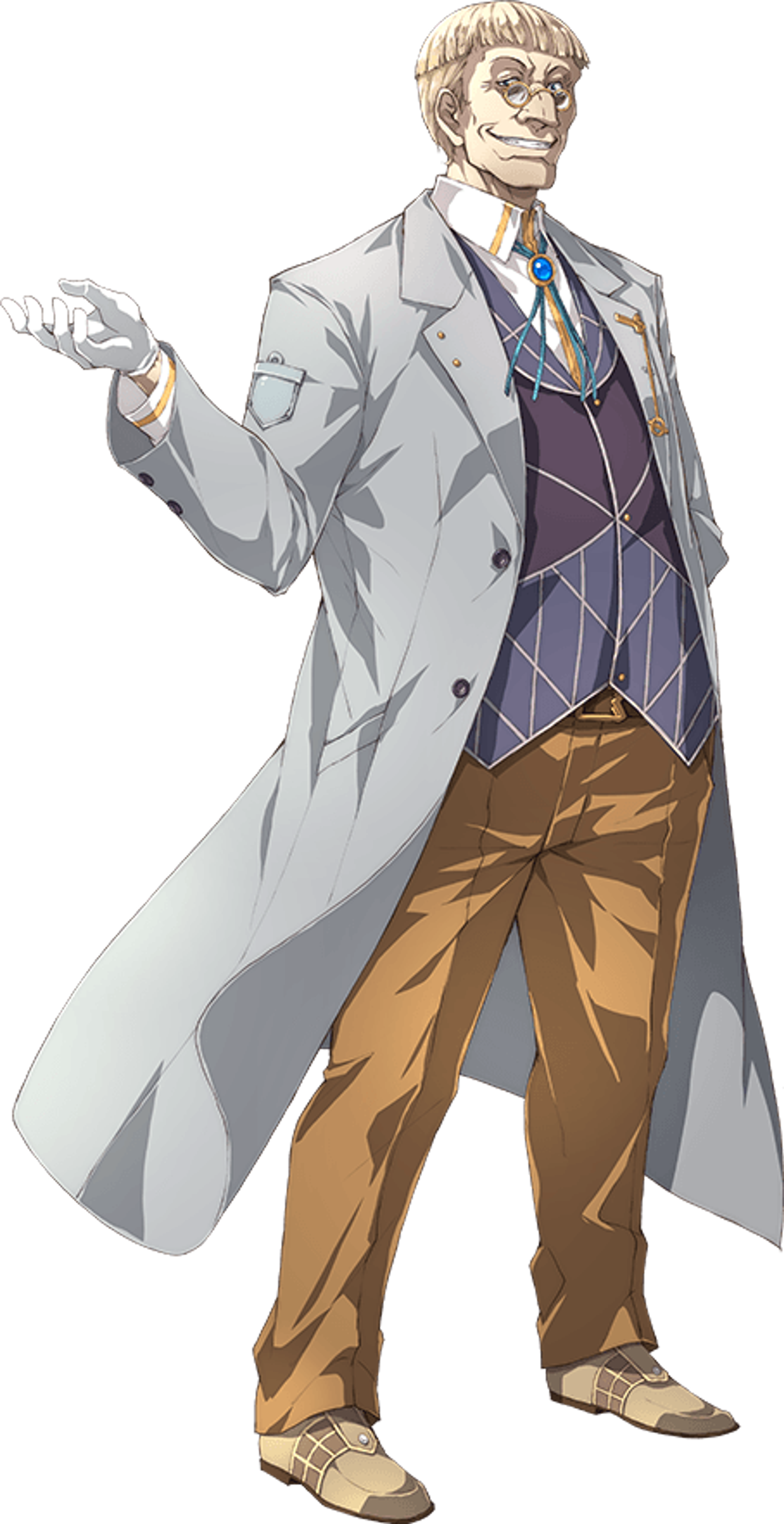 An elderly, bespectacled man in a gray coat and purple suit, gesturing dramatically with an intense expression.