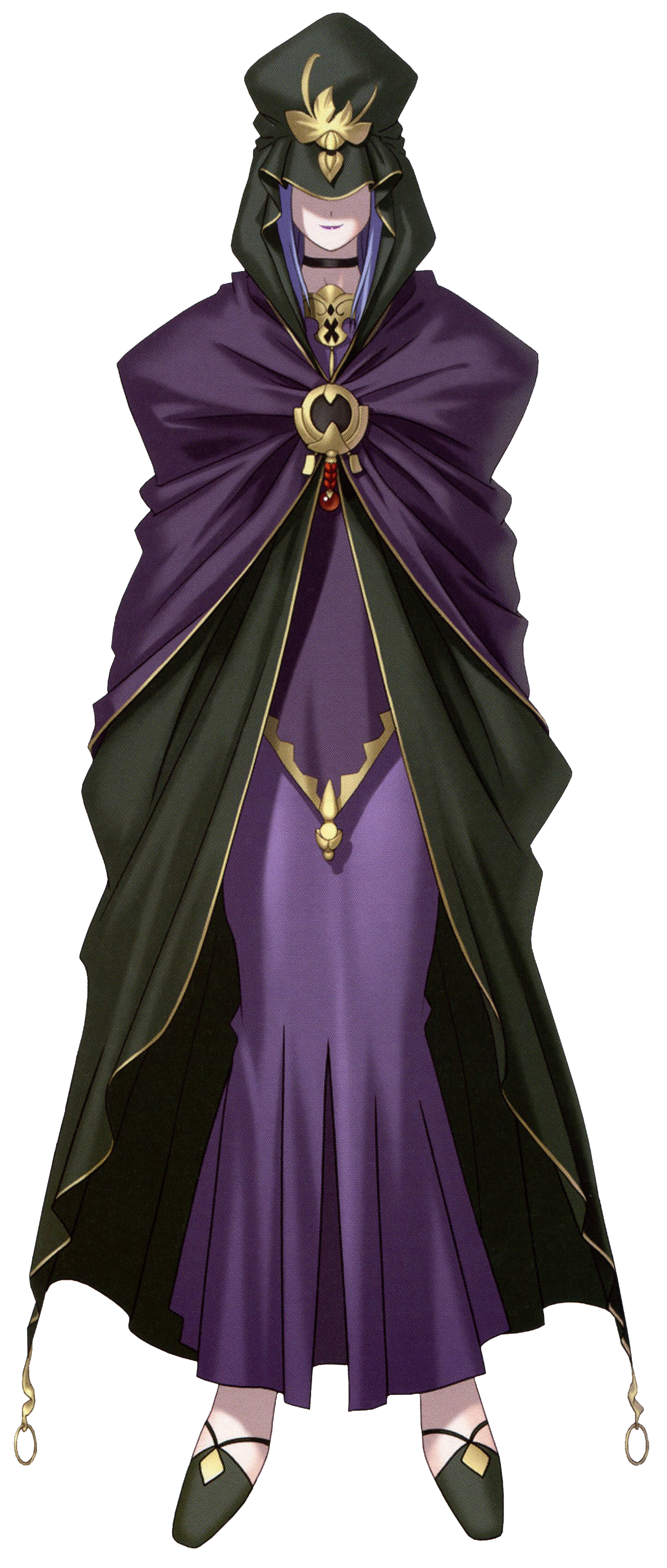 A powerful sorceress or mage character with long dark hair wearing a purple and black robe or cloak