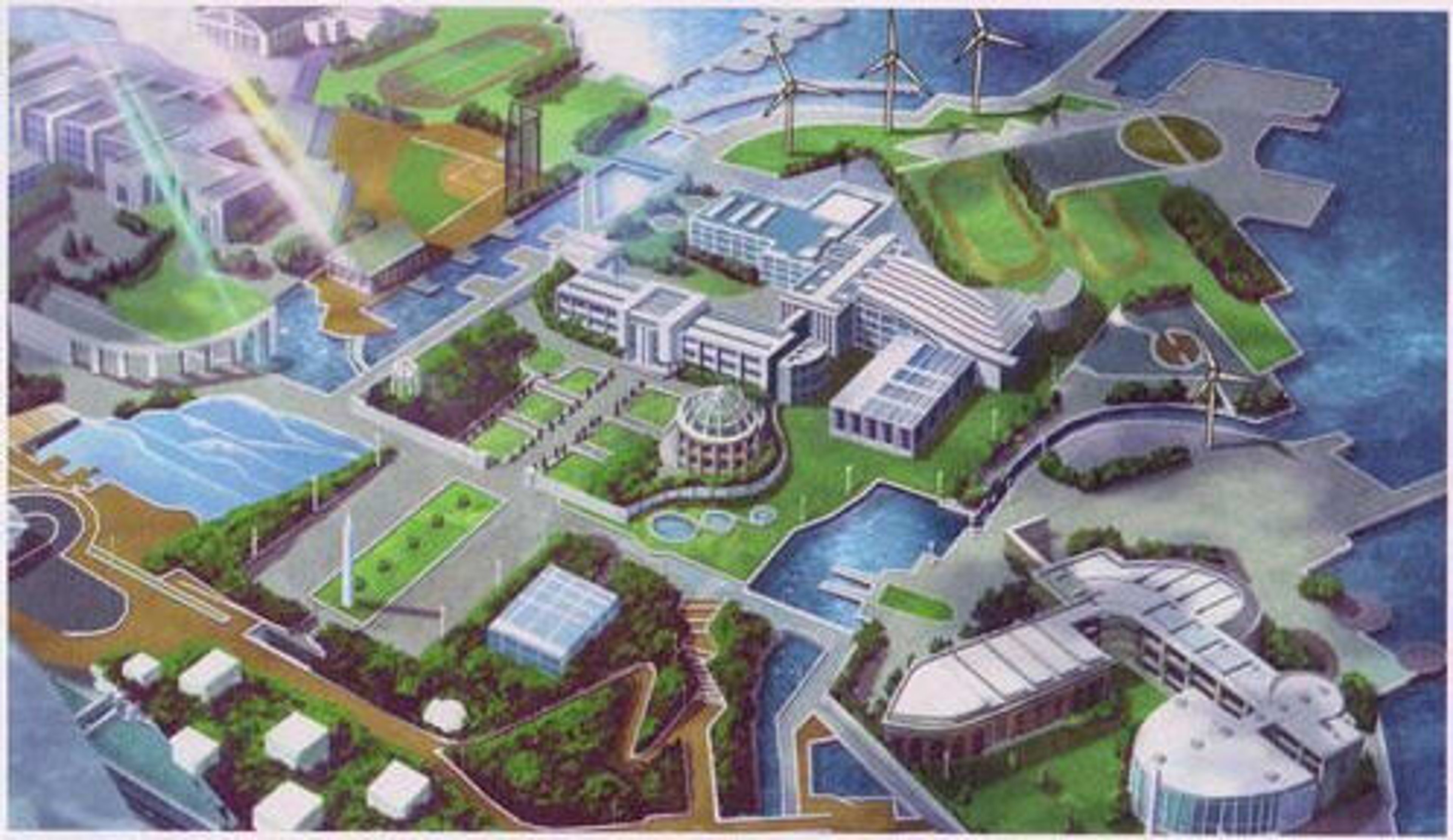 Illustration of a young woman in a school uniform standing in front of a futuristic-looking school campus.