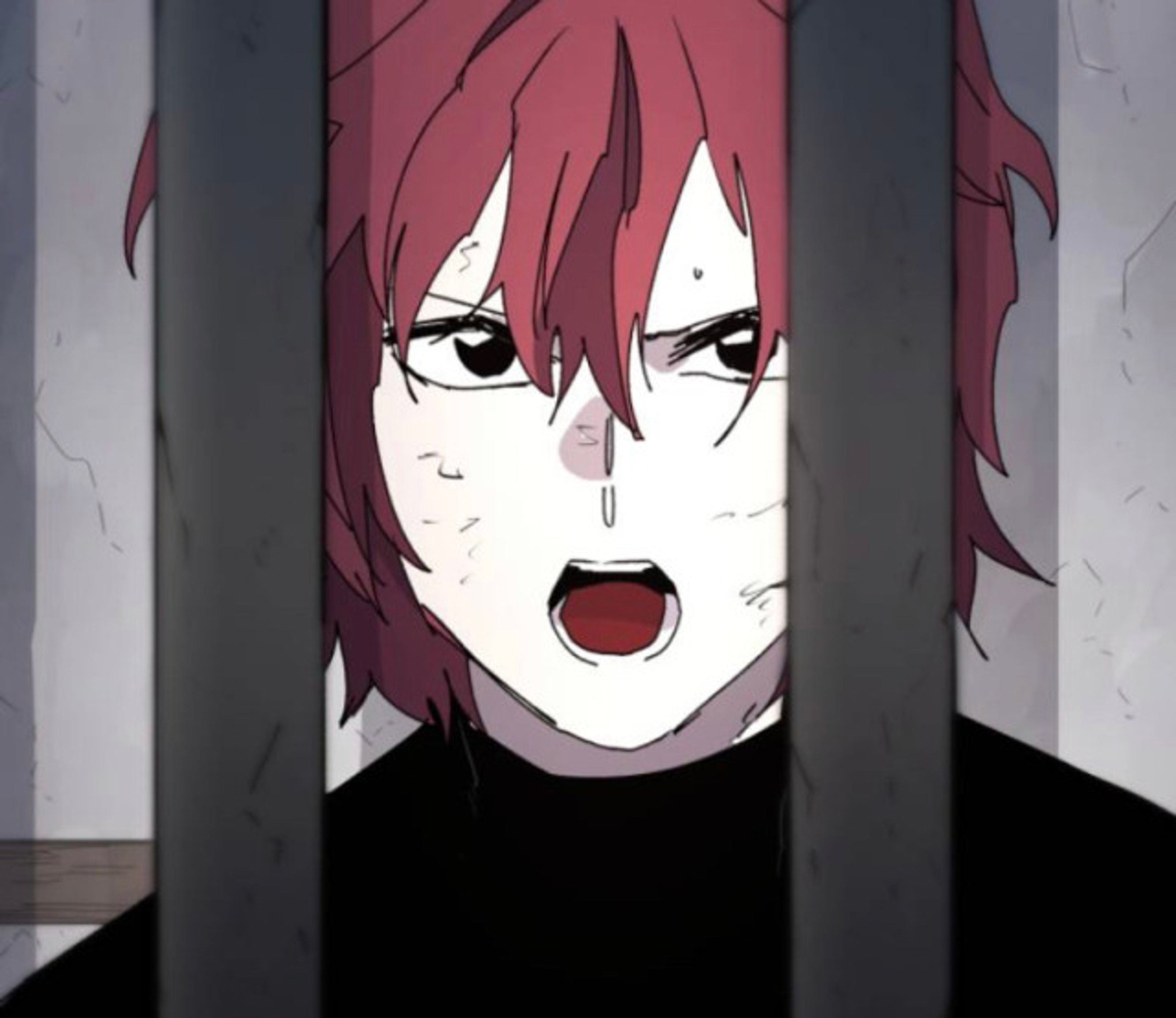 A young male character with red hair and a serious expression, wearing a dark outfit.