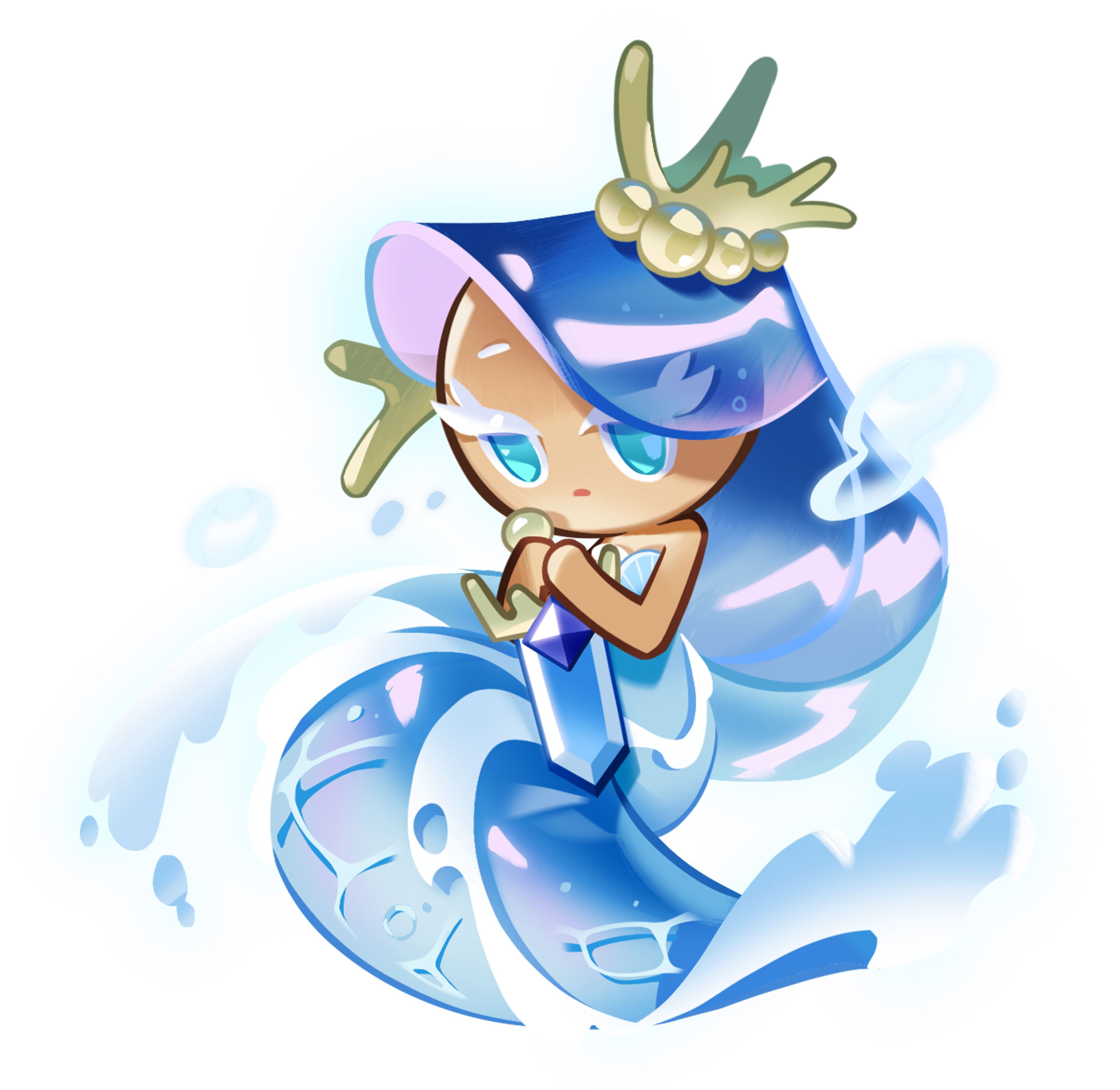 An ethereal, aquatic-themed female character with flowing azure hair and enchanting eyes, surrounded by swirling water and bubbles.