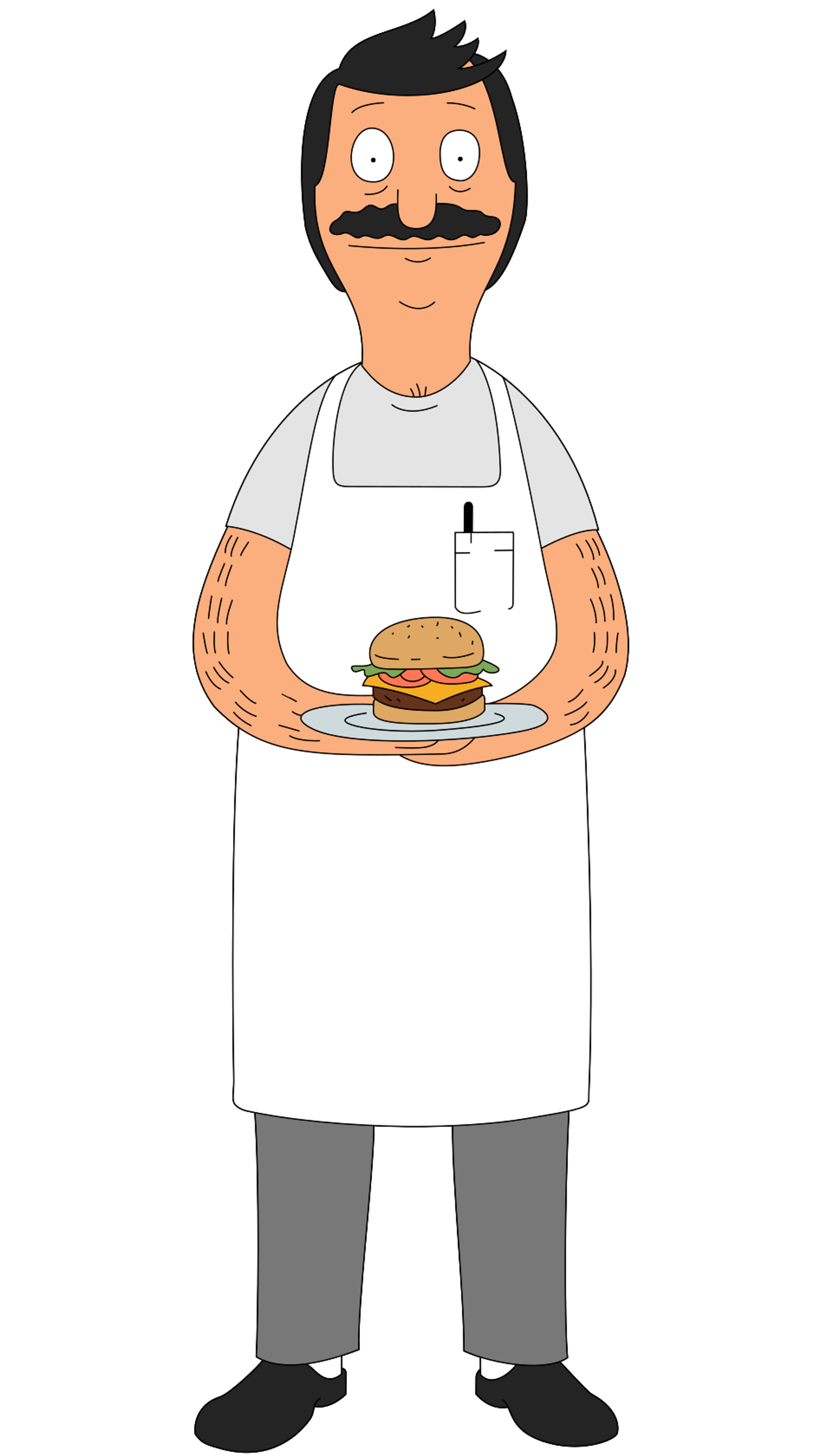 A cartoon illustration of Bob Belcher, the owner of Bob's Burgers, holding a hamburger and wearing a white apron.