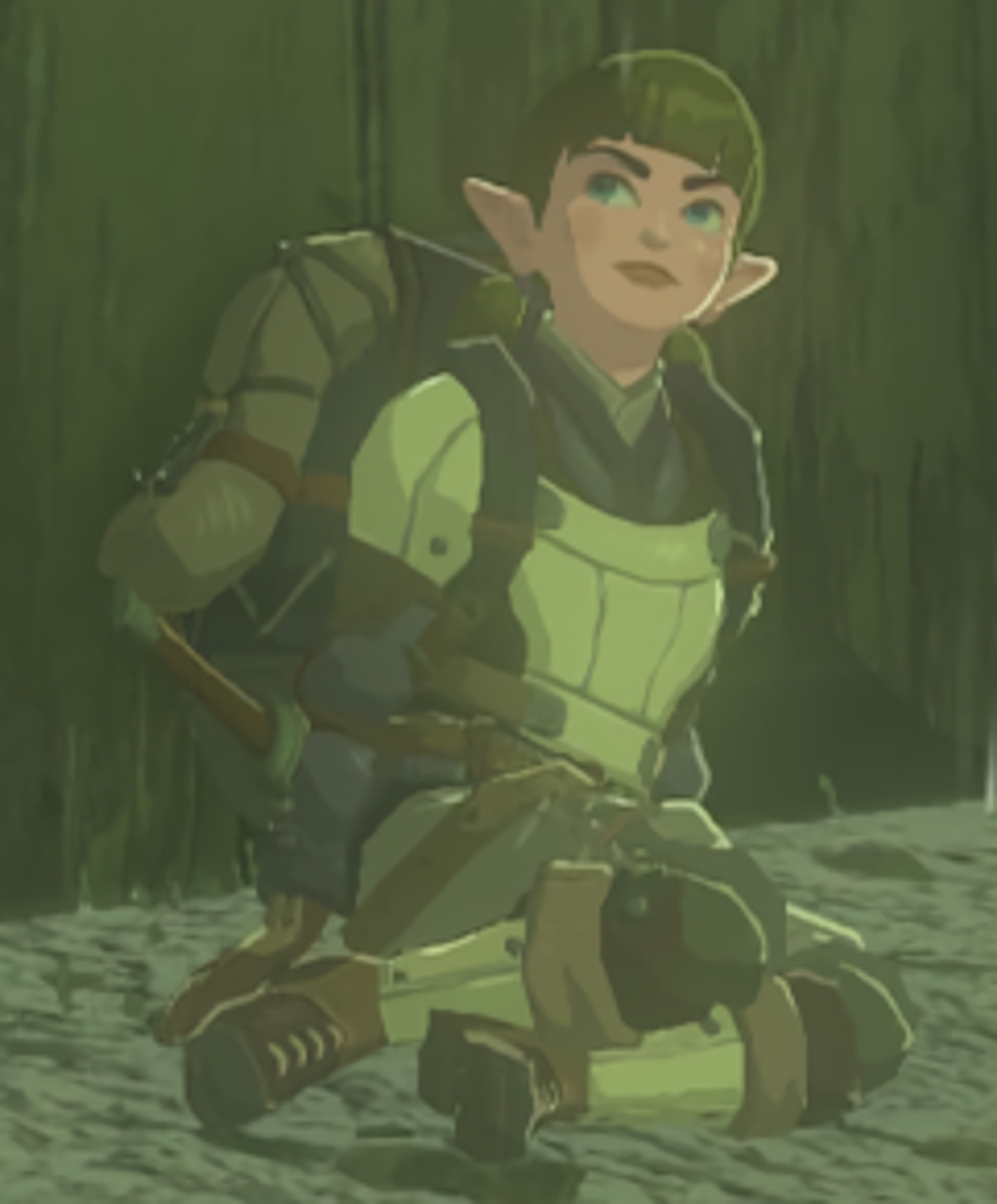 A young female Hylian adventurer with a shield and sword in a wilderness setting