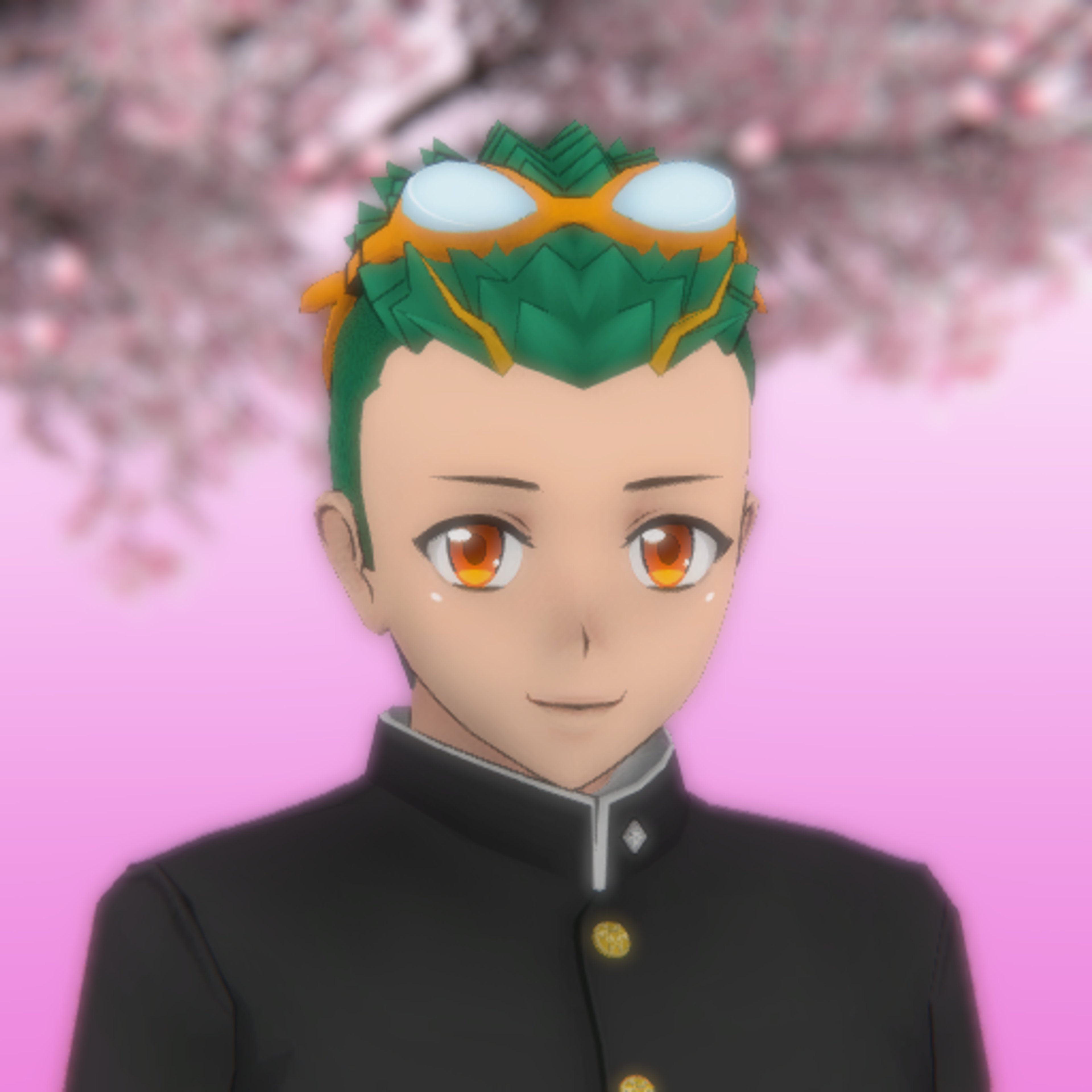 An anime-style character with spiky green hair, a lightning bolt scar, and wearing a school uniform with orange goggles