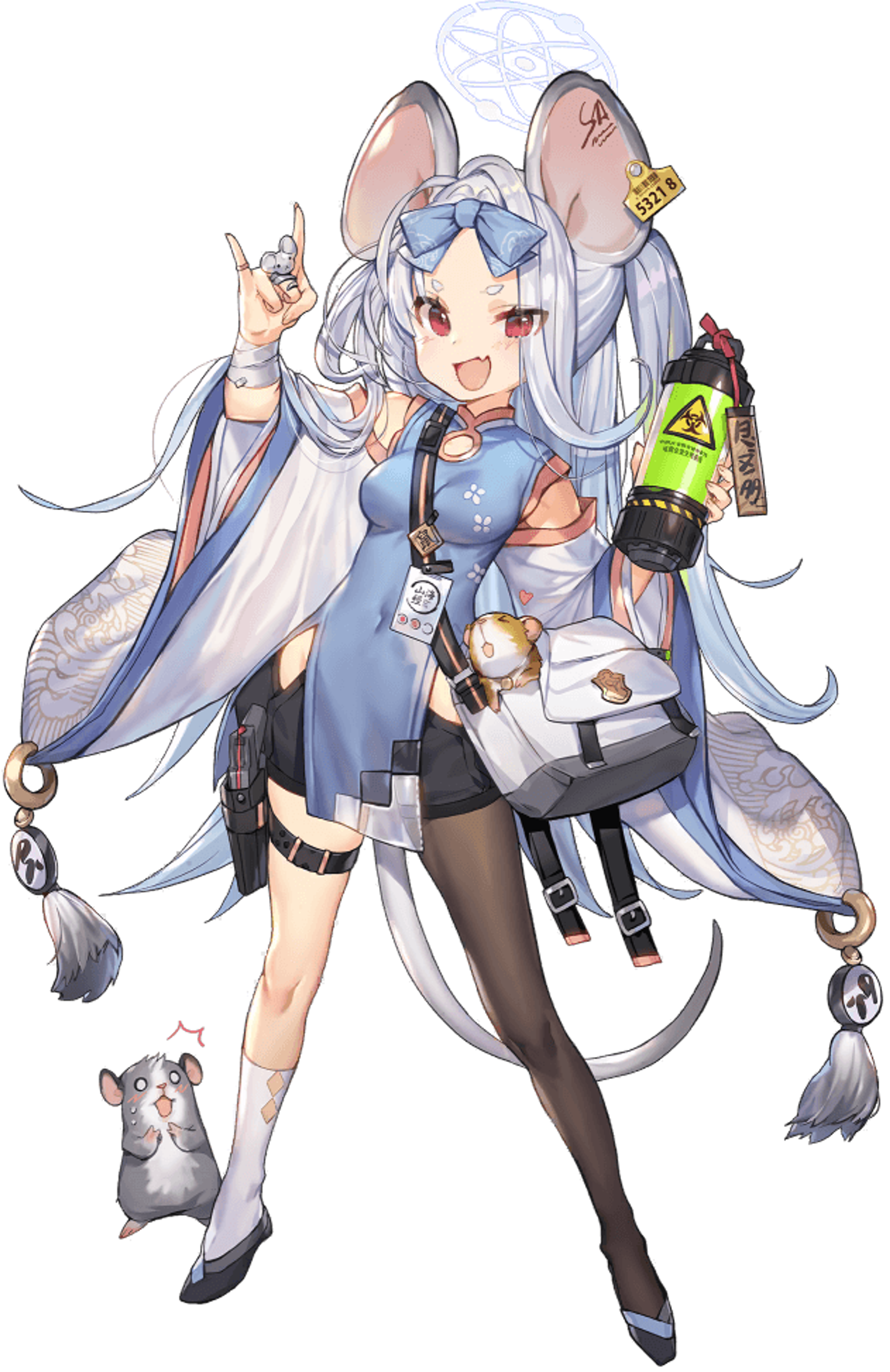 An anime-style character with grey hair, red eyes, mouse ears, and a halo, wearing a cyan qipao and accompanied by two pet mice.