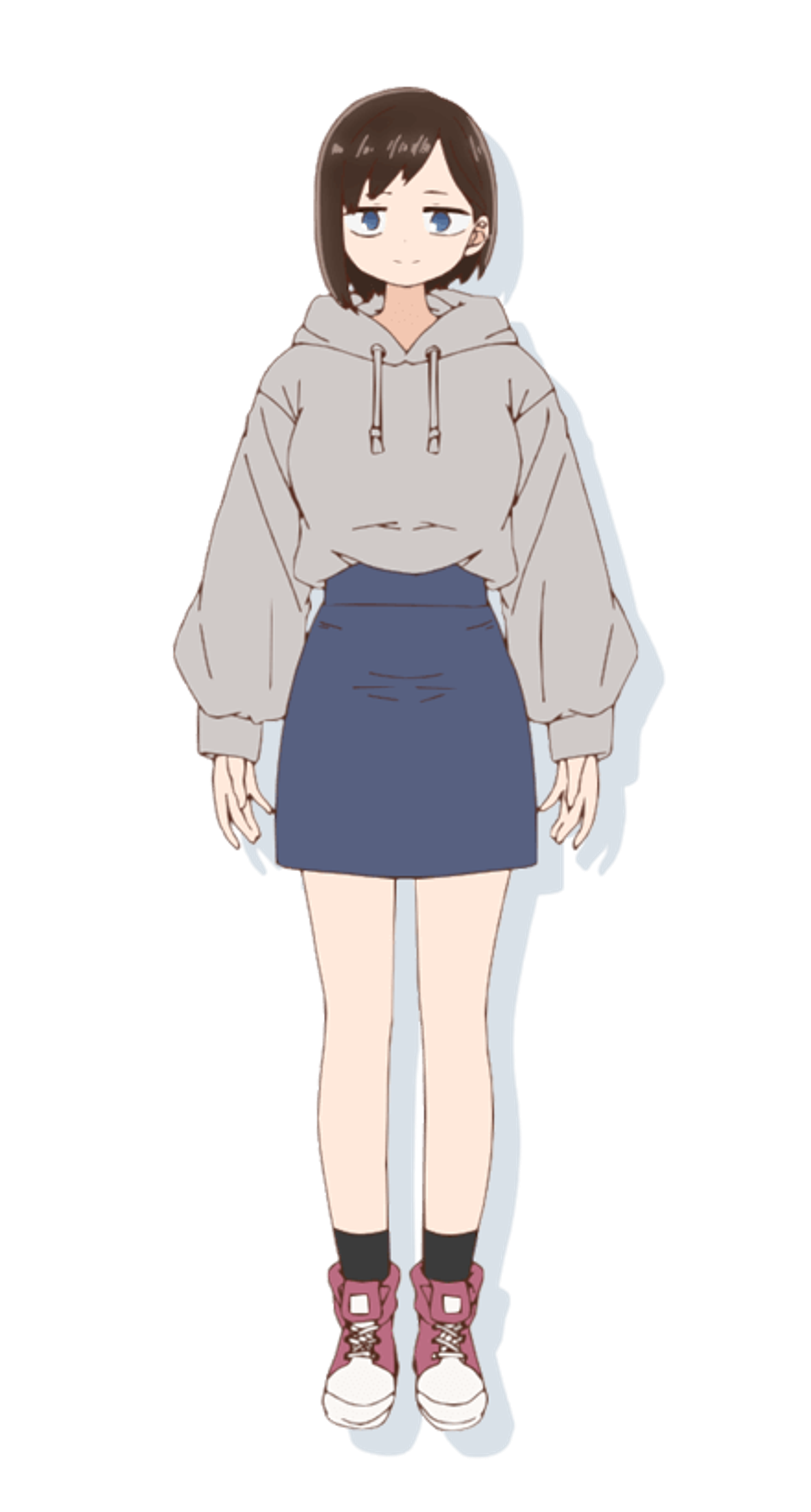 An anime-style character with short, dark hair wearing a gray hooded sweatshirt and a blue skirt.